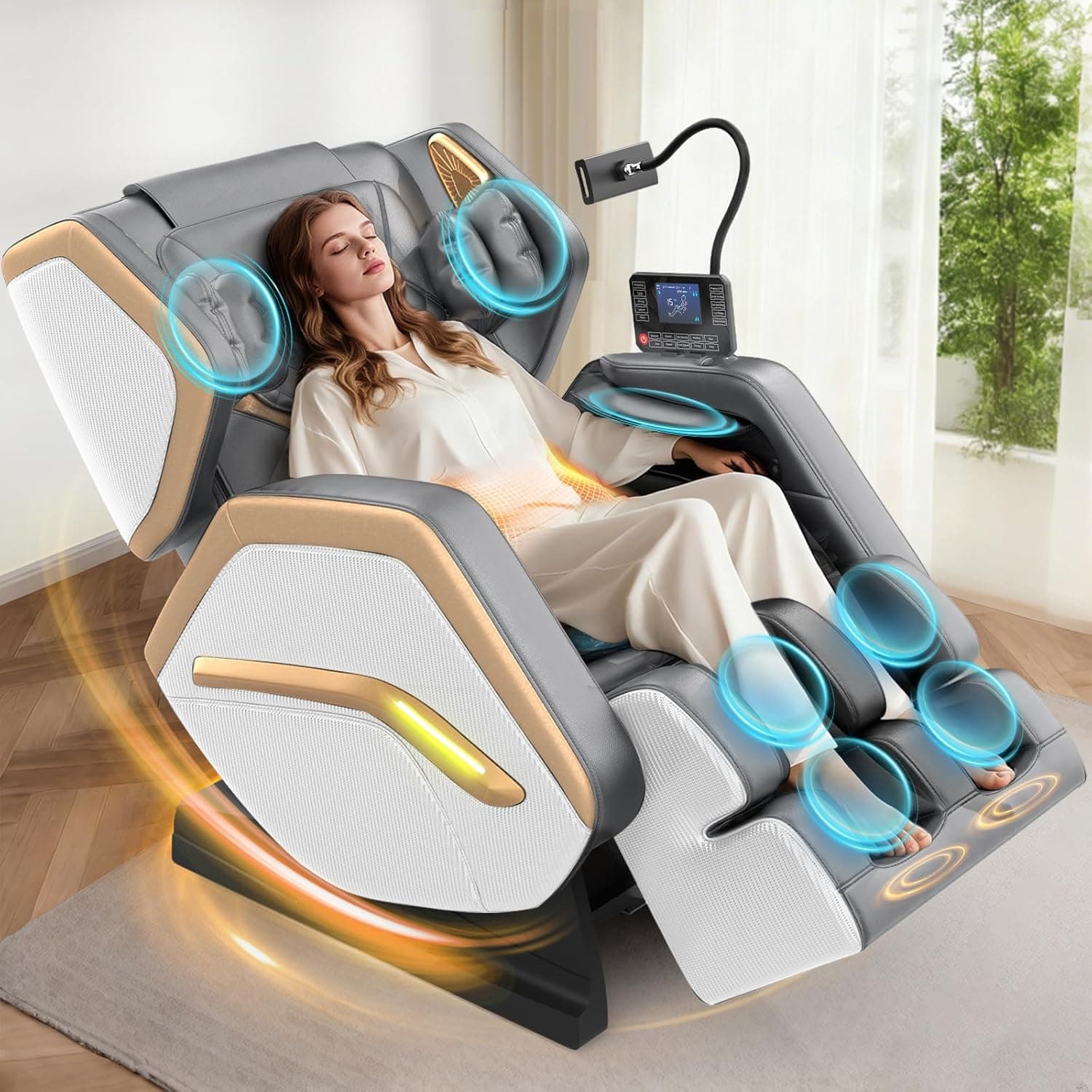 Sillón de Masaje, sillón para Todo el Cuerpo, 14 Rodillos, Calefacción para Espalda y piernas, Masaje de pies, 8 airbags, Altavoces Bluetooth, Mando a Distancia táctil par