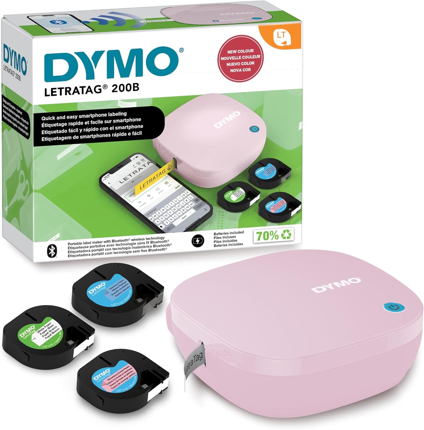DYMO Kit de Etiquetadora LetraTag 200B con Bluetooth en Rosa | Impresora de etiquetas compacta | Se conecta mediante tecnología inalámbrica Bluetooth a iOS y Android | Incluye 3 cintas de etiquetas