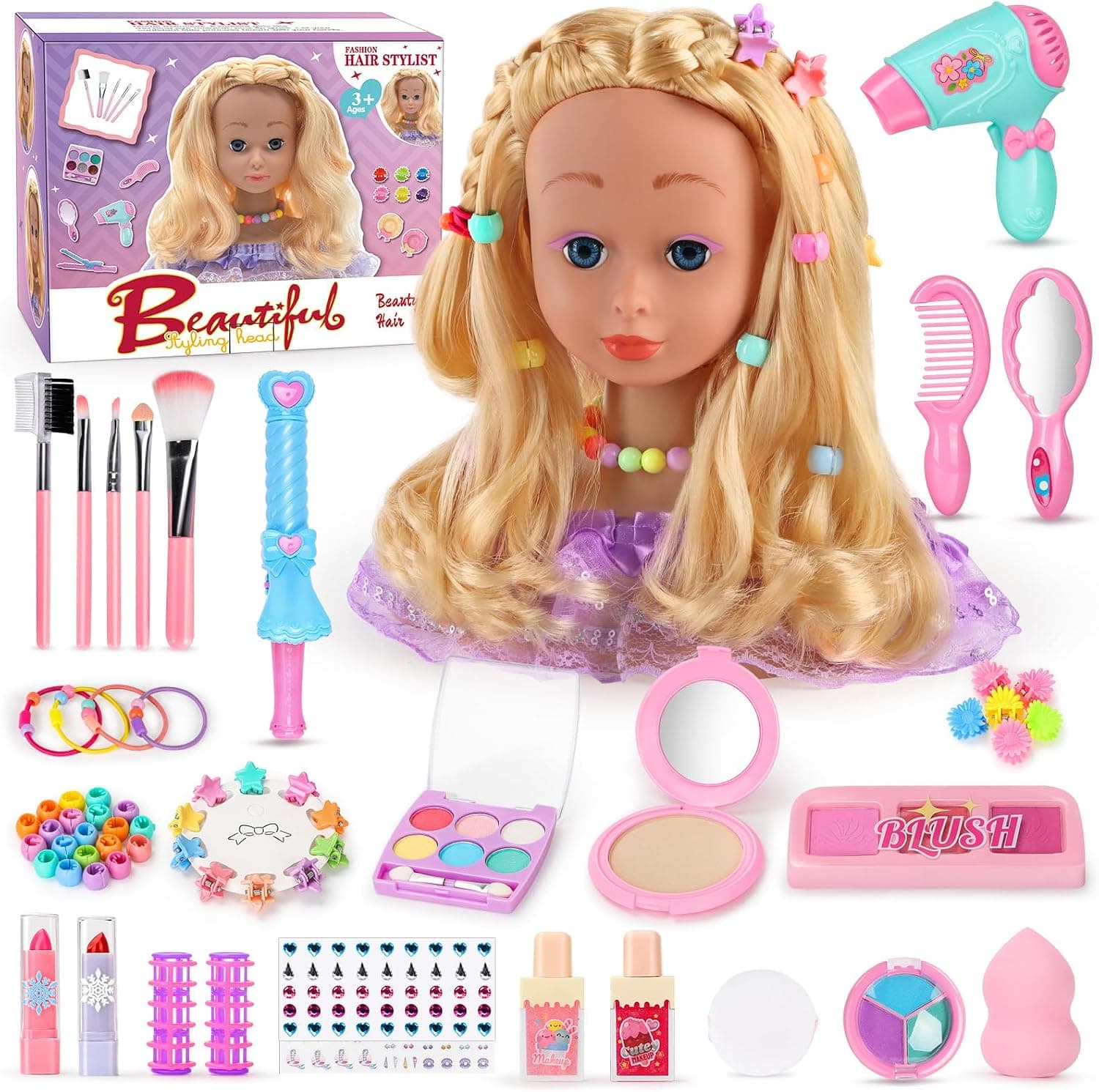 Cabeza Muñeca para Peinar y Maquillar, 66 Piezas Busto Muñeca Peinar y Maquillar, Cabeza de Peluquería para Niños a Partir de 3 Años con Herramientas de Maquillaje Peluquería (Morado)