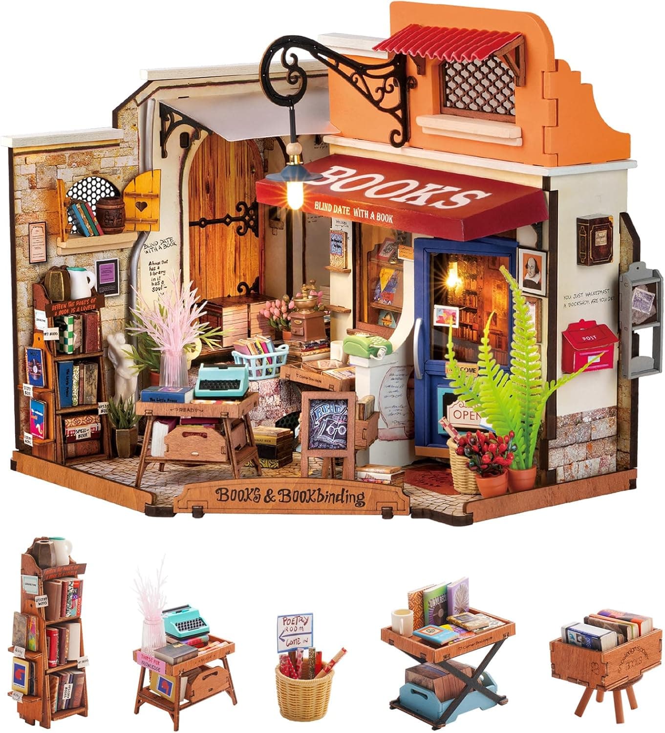 Rolife Casa de Muñecas Librería de Esquina con Luces LED DIY Miniatura Casa de Muñecas Kit con Muebles Modelo de Madera 3D Puzzles para Niños y Adultos