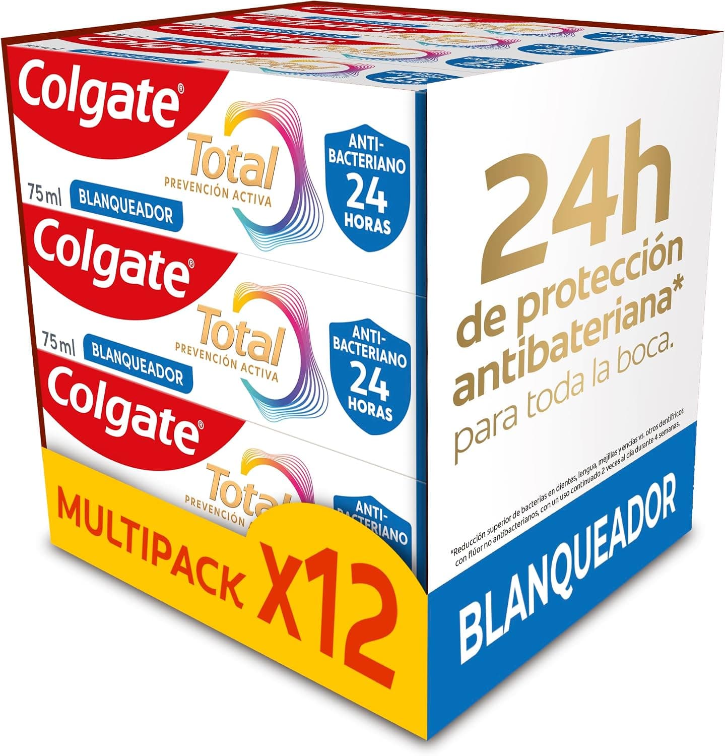 Colgate Total Prevención Activa Blanqueador Pasta de Dientes Pack 12 x 75ml | Combate las causas principales* de los problemas de salud bucodental | 24h de Protección antibacteriana¹
