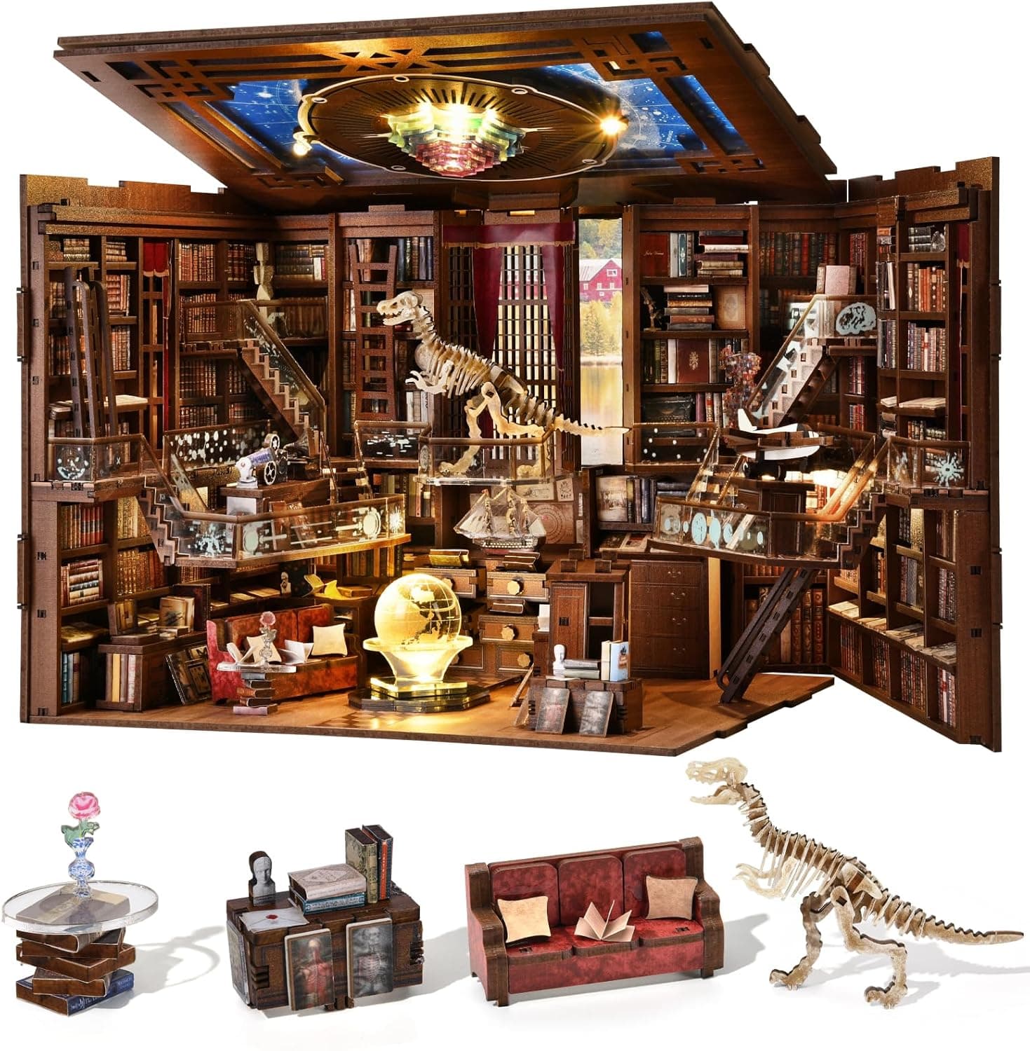 MiniCity Book Nook Kit, DIY Casa de muñecas en Miniatura, Set rincón de Libros, 3D, Rompecabezas de Madera, sujetalibros para Poner en la Biblioteca, decoración con luz LED para Adolescentes y