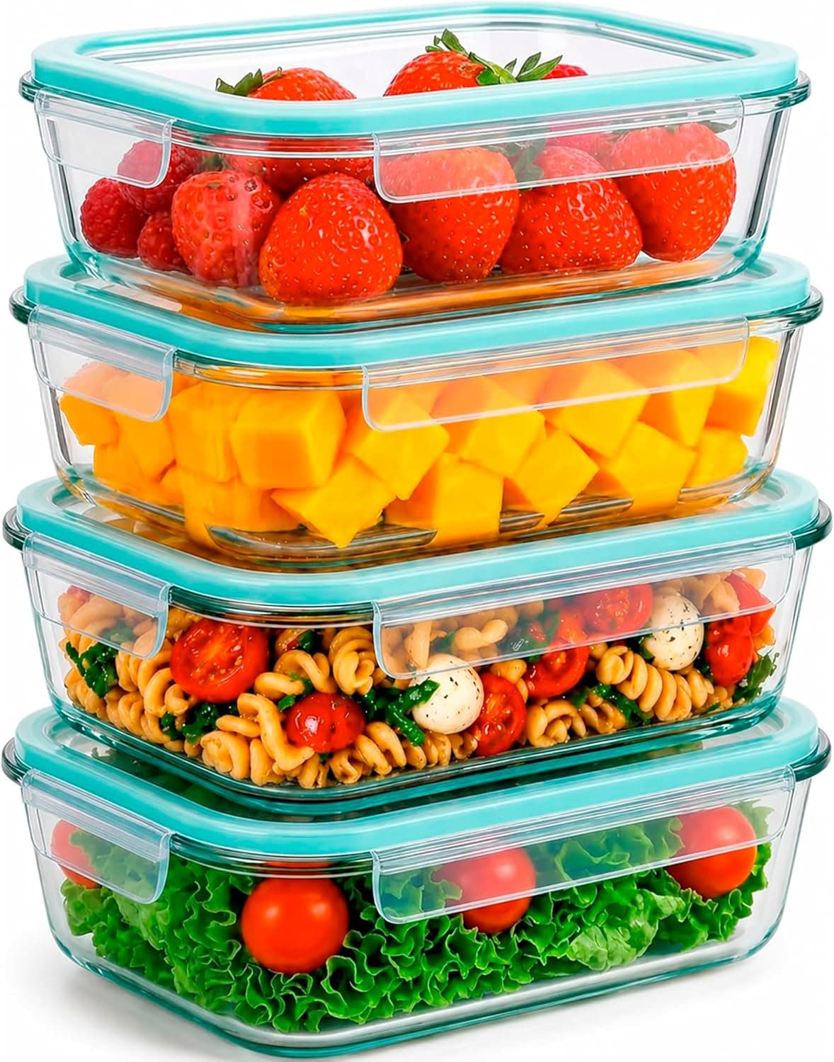edihome, Recipientes de Cristal para alimentos, 8 Piezas (4 recipientes + 4 tapas), para Comida Hermetico, Apto para lavavajillas, congelador, microondas, sin BPA (4 Recipientes)