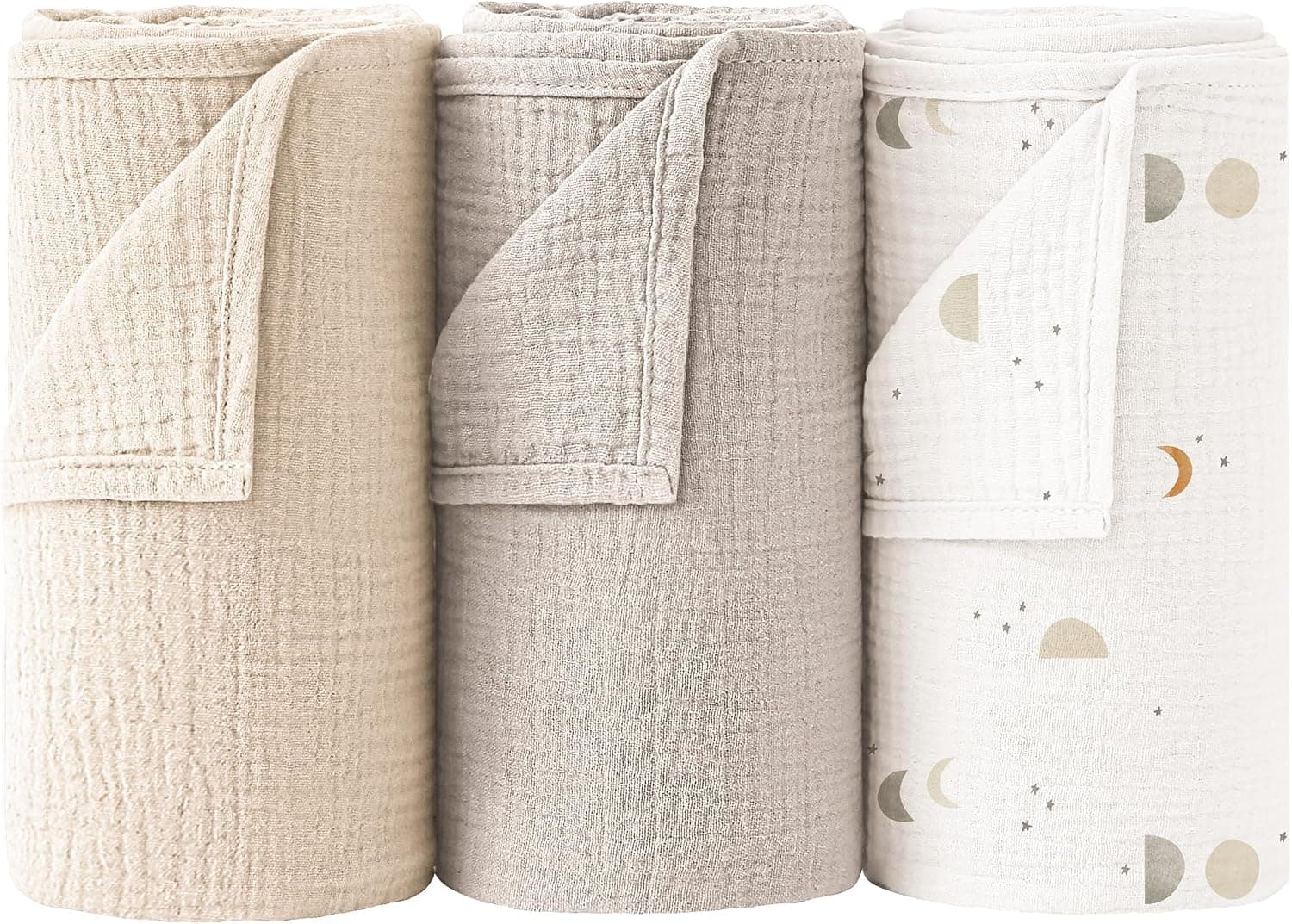 Bearmoss 100% Algodón Mantas Envolventes de Muselina para Bebé 3PCS, Mantas Swaddle de Muselina de Algodón Bebé Recien Nacido,Muselina Manta Bebé Suave y Transpirable para Bebé,96x102cm (Luna Gris)