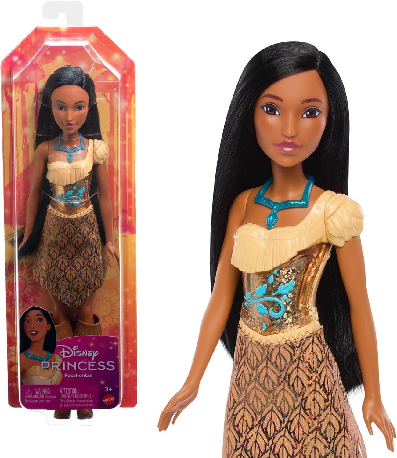 Mattel Disney Princess Pocahontas Muñeca princesa con pelo largo, juguete +3 años (HLW07)