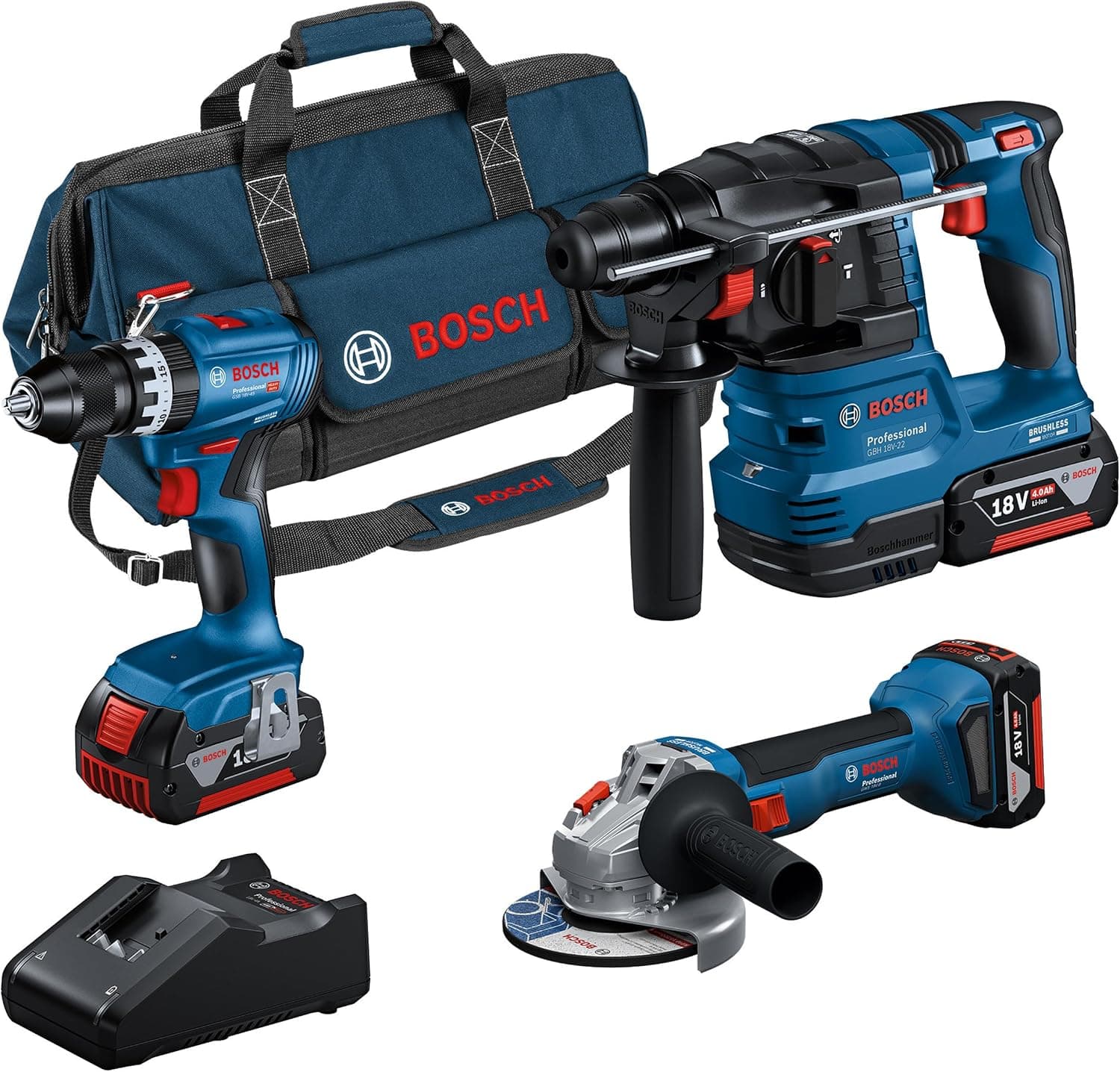 Bosch Professional 18V System Combo-Kit: GSB 18V-45 + GBH 18V-22 + GWS 18V-8 (incl. 3 GBA 4,0 Ah, GAL 18V-40, Maletín - Amazon Exclusive)
