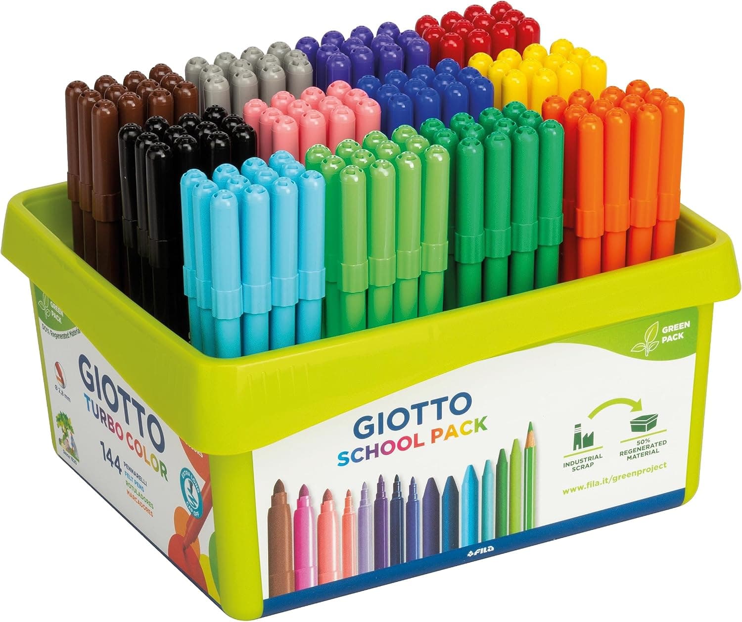 GIOTTO Turbocolor, Rotuladores, Punta Fina, Punta 2.8mm, Schoolpack de Bio Plástico , 12x12 Colores Surtidos, 144 uds.
