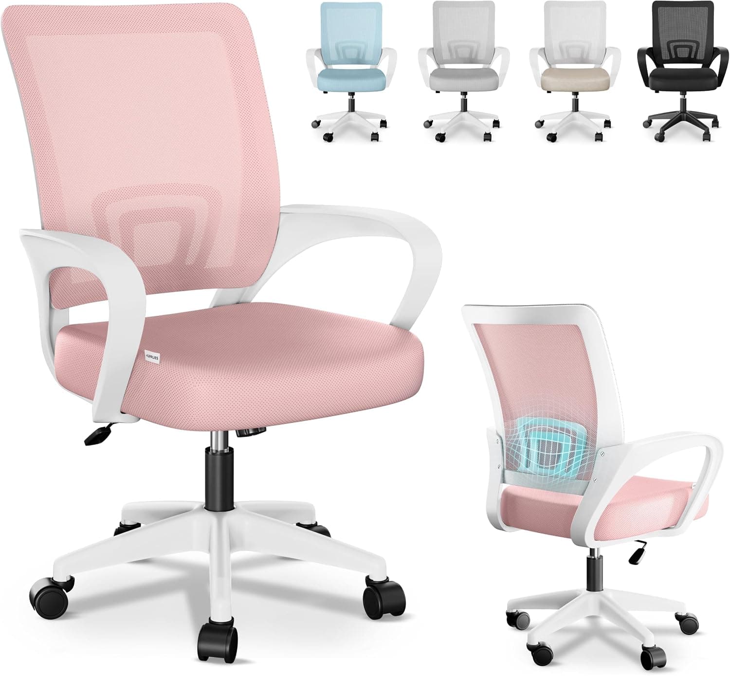 JUPPLIES Silla Escritorio Ergonomica - Silla Oficina con Apoyo Lumbar, Estructura de Plastico, Malla Transpirable, Ruedas Giratorias 360° Soporta hasta 110kg (Rosa)
