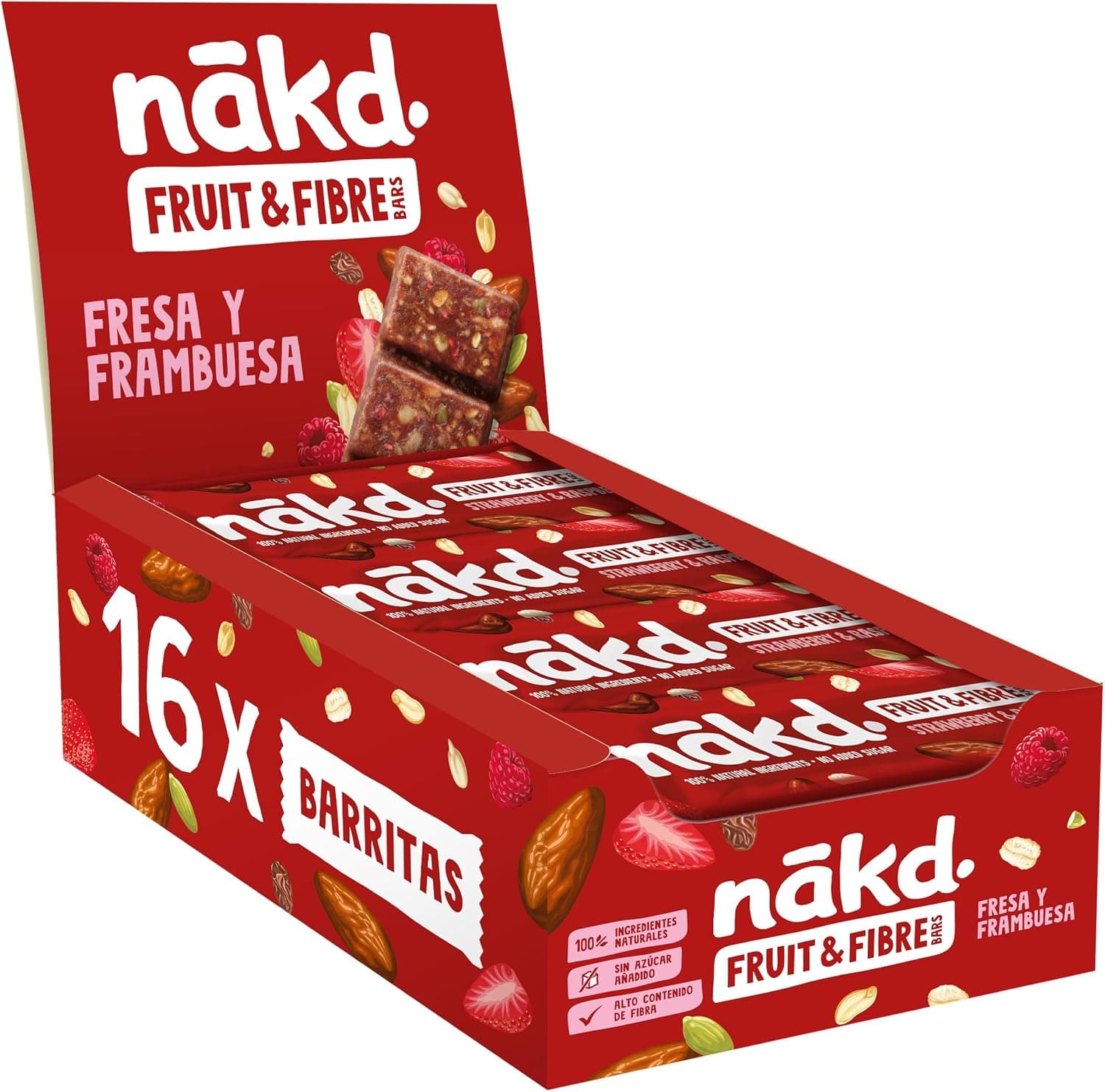 Nākd. Fruta & Fibra Fresa y Frambuesa | Barritas Raw | 16 x 44g (704g)