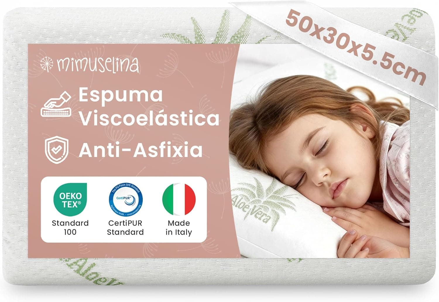 MIMUSELINA Almohada Bebe Viscoelástica 50x30x5,5 | Memory Foam Transpirable para Bebé y Niños | Cojines pequeños Suaves, Ergonómicos y Antisofocos | Funda Aloe Vera Hipoalergénica, Extraíble y Lavable