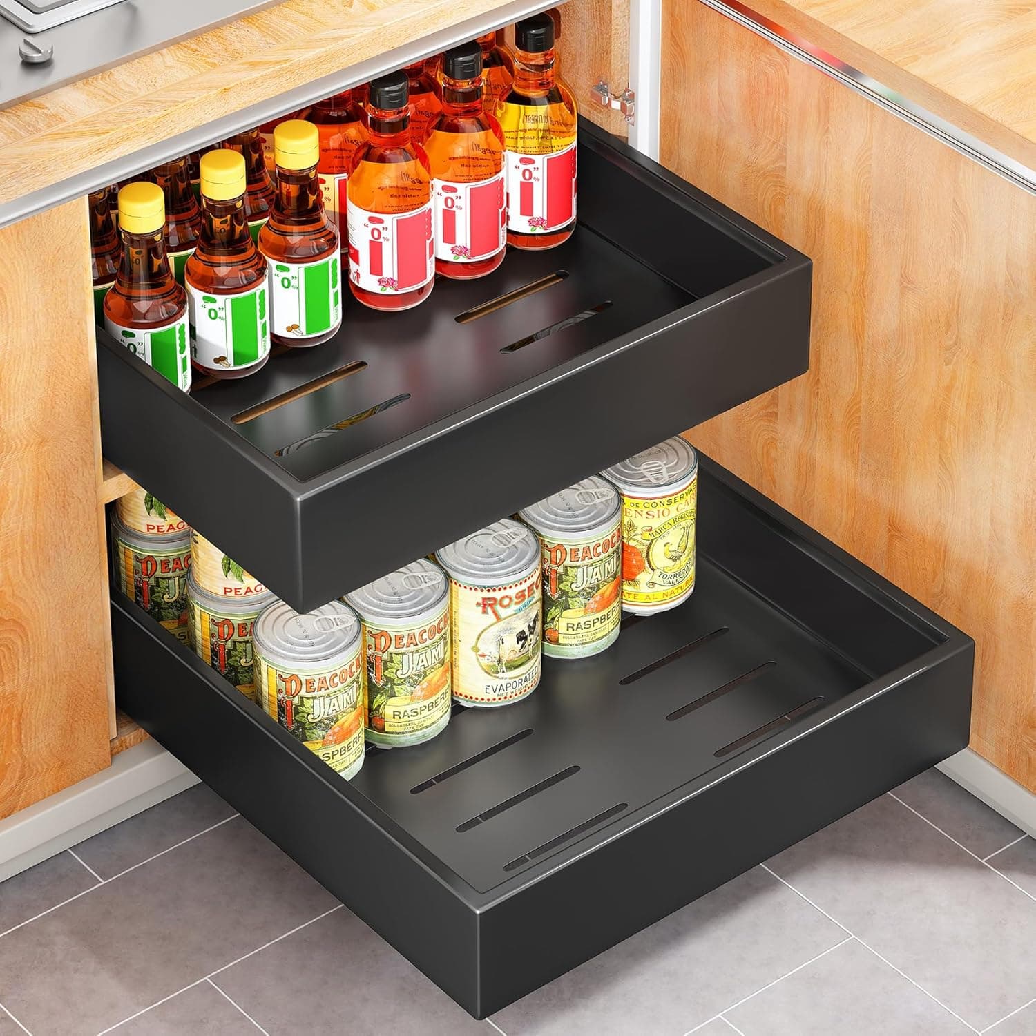 SAYZH Organizador de armario extraíble, estantes de almacenamiento deslizantes, cajón deslizante extensible, 30 x 43 x 9 cm (ancho x profundo x alto), sin necesidad de taladrar ni clavar (negro)