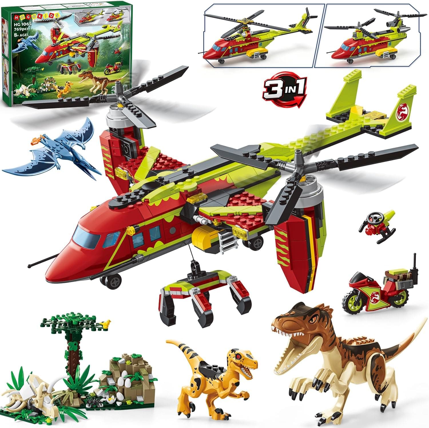 HOGOKIDS Set de construcción 3 en 1 de avión con Dinosaurio para niños de 6 años en adelante