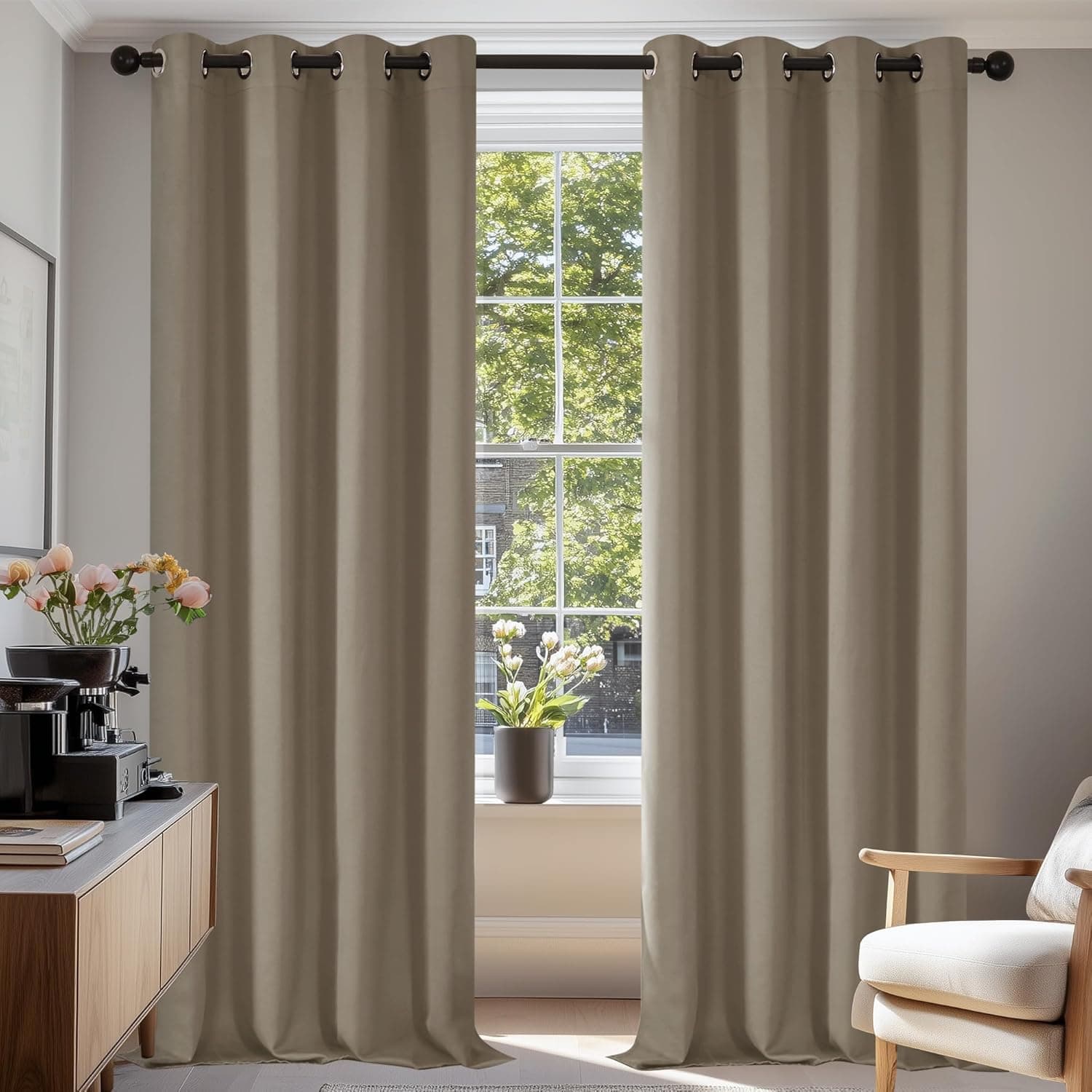 Deconovo Cortinas térmicas para Interiores, Opacas y aislantes, para Dormitorio, Color Liso, 2 Unidades, con Ojales, 132 x 138 cm (Ancho x Alto), Caqui
