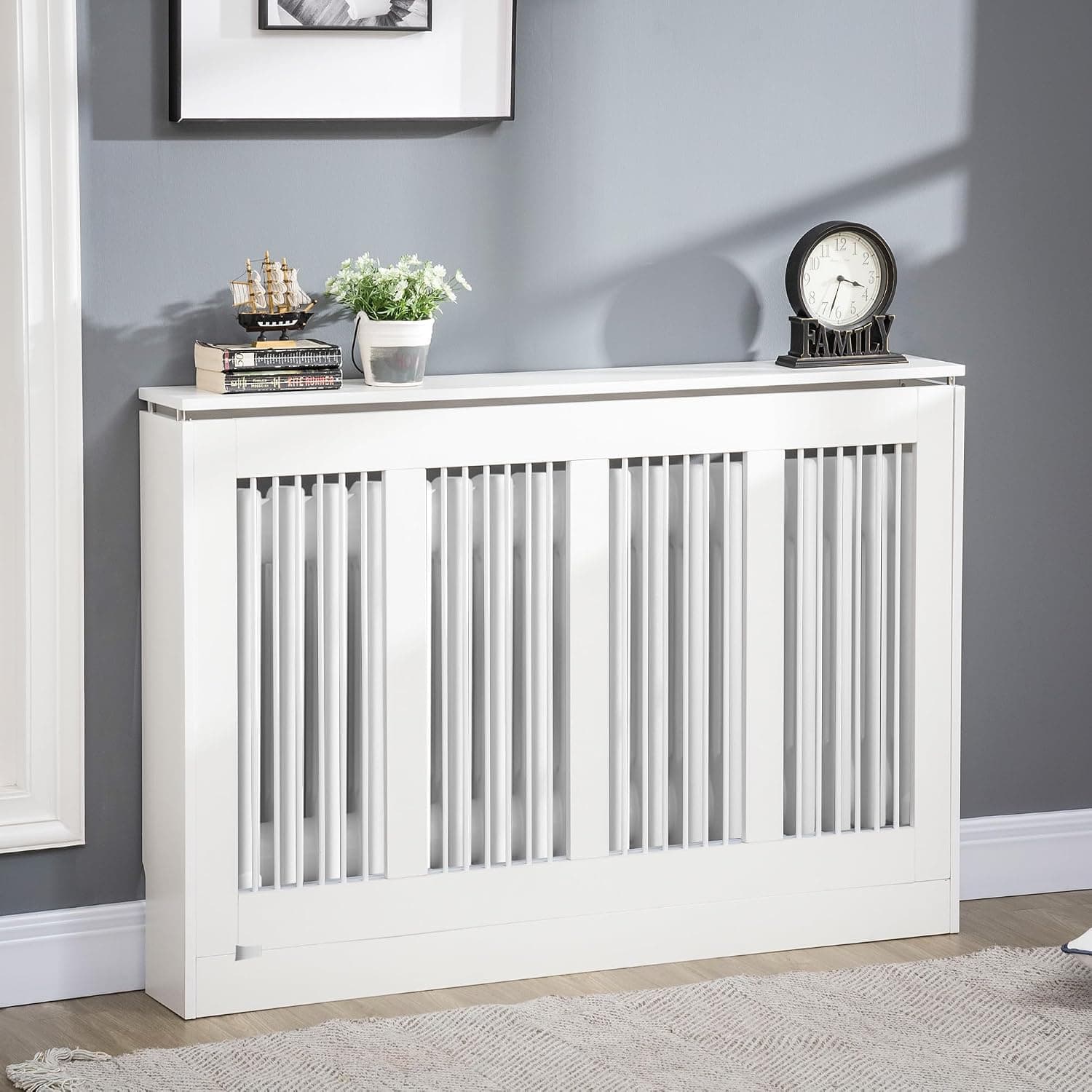 HOMCOM Cubre Radiadores de MDF con Listones, Repisa, 120x18x84 cm, Blanco