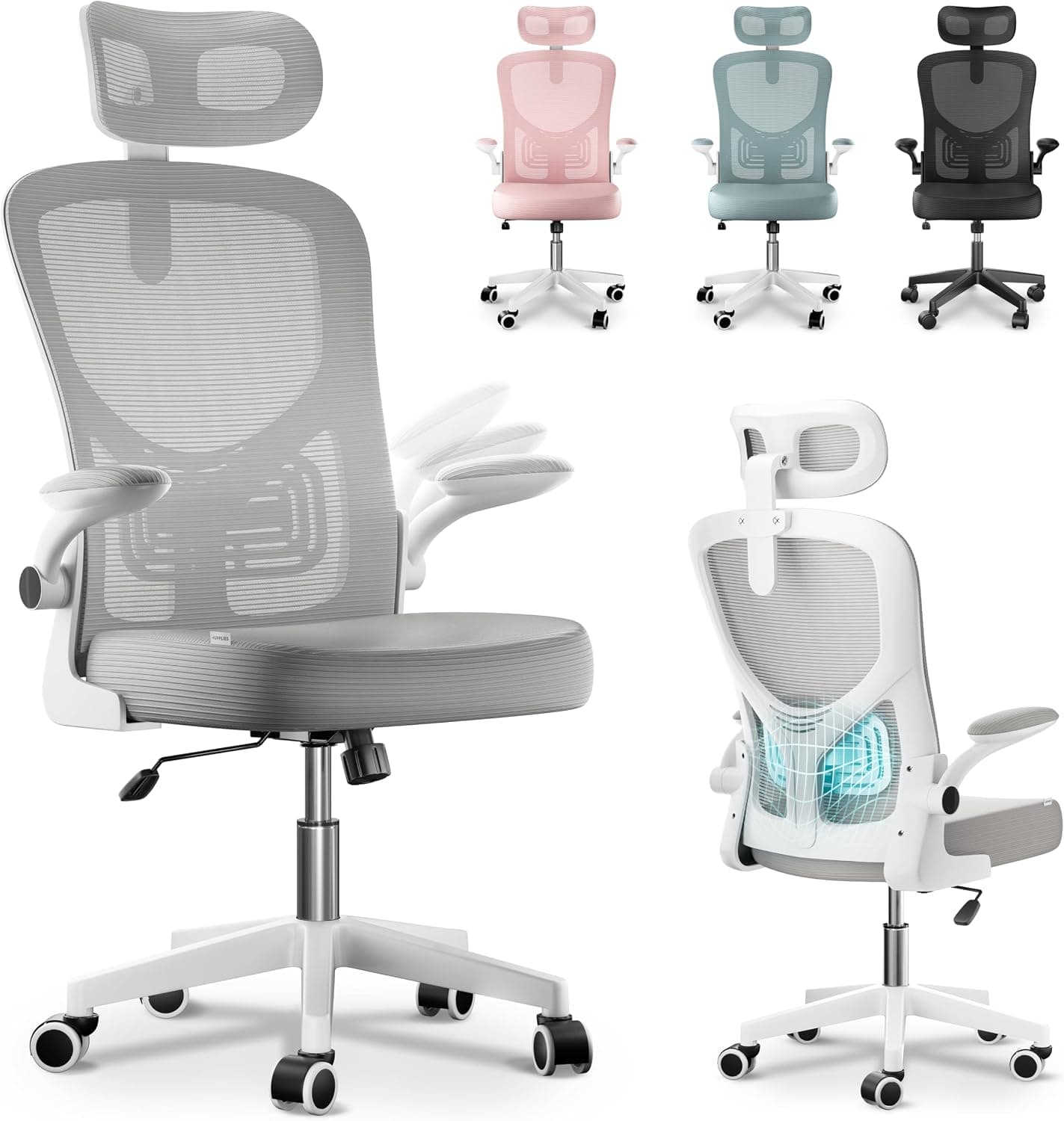 JUPPLIES Silla Escritorio Ergonómica con Soporte Lumbar, Reclinable 120°, Reposacabezas Ajustable, Reposabrazos Abatibles, Malla Transpirable, Ruedas 360°, Altura Regulable, Soporta 120 kg