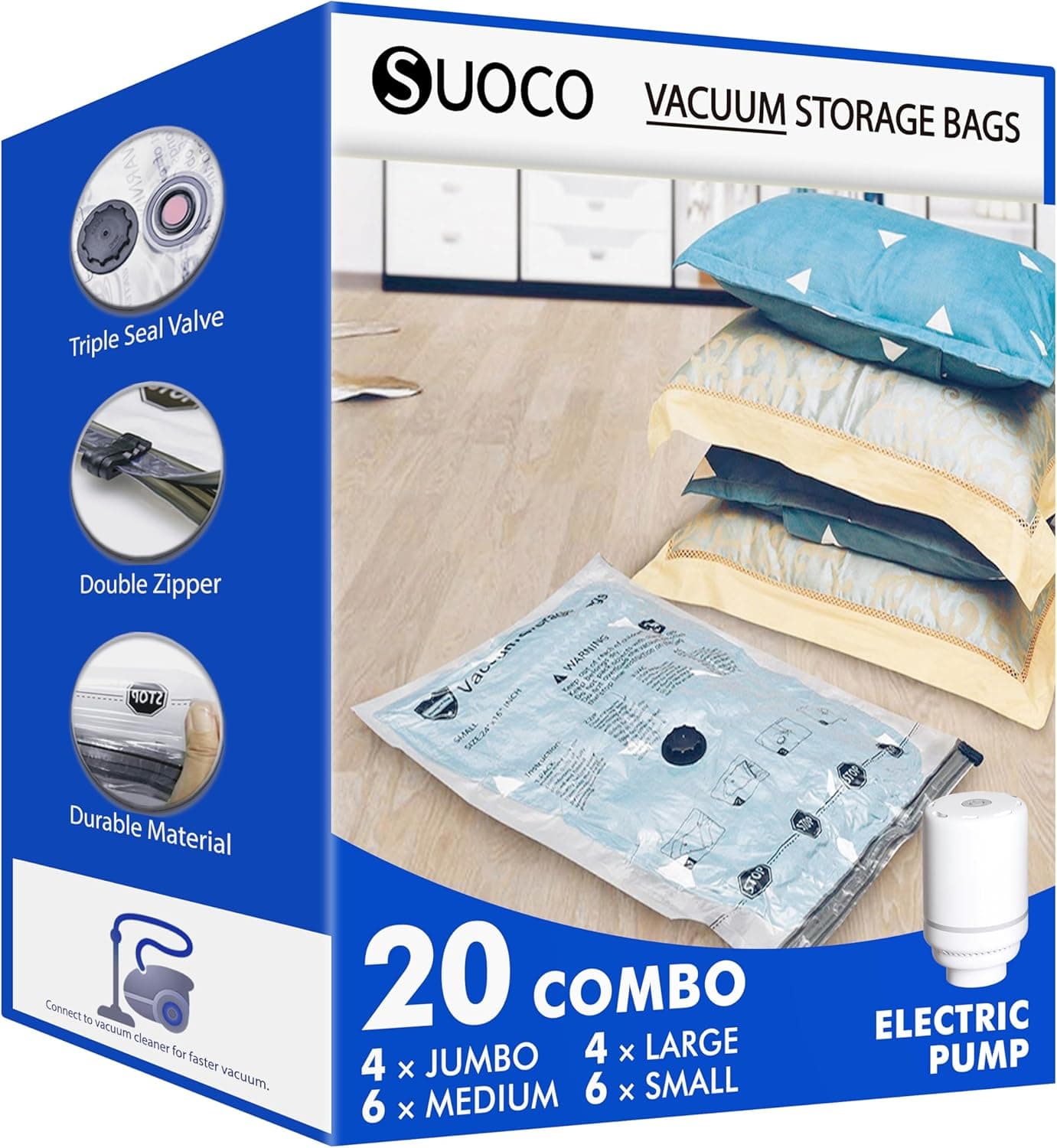SUOCO bolsas de vacío ropa con bomba eléctrica, 20 conjuntos (4 XL/4 grandes/6 medianas/6 pequeñas), bolsas de almacenaje al vacío para ropa de cama, viaje y mudanza