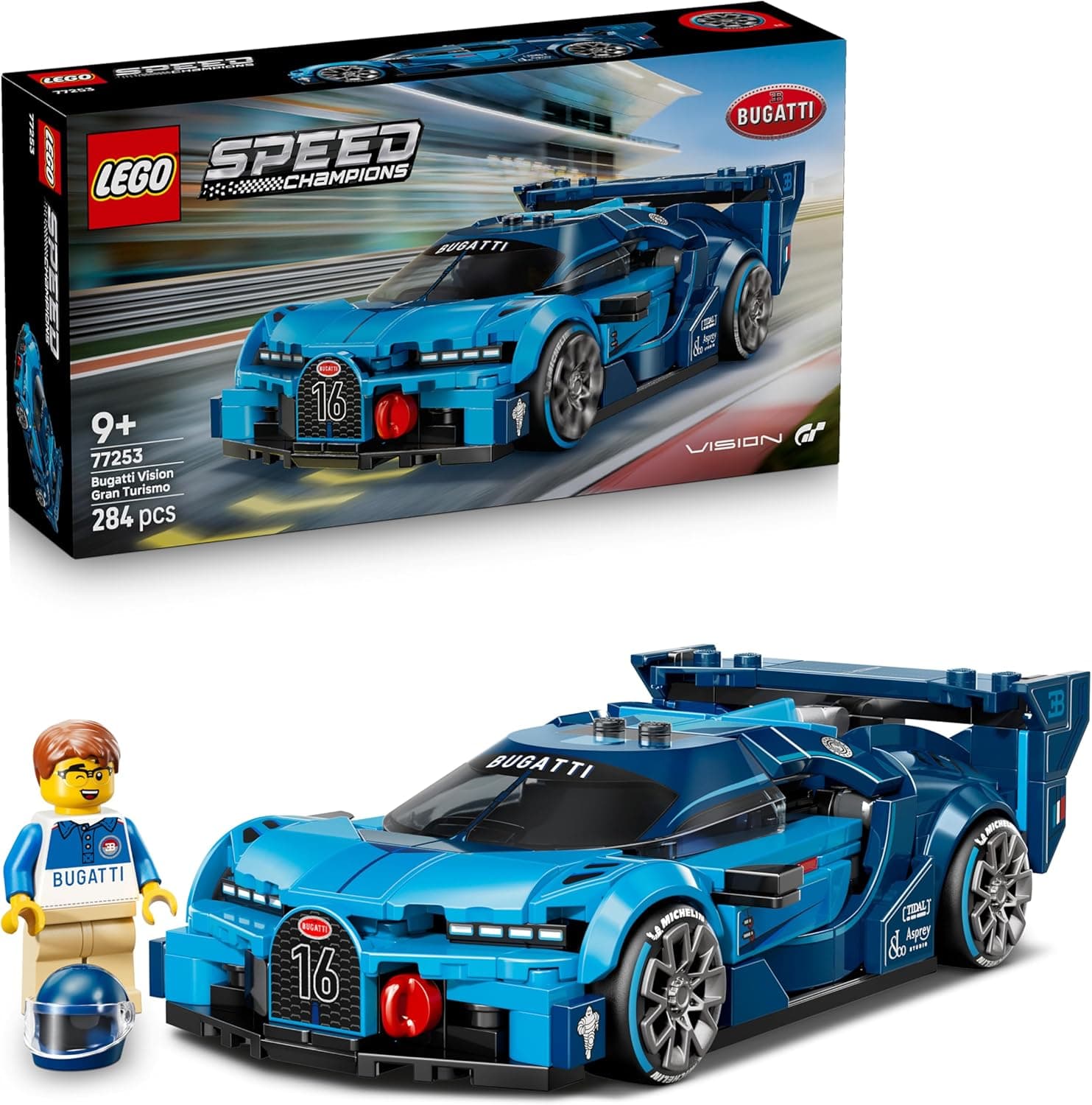 LEGO Speed Champions Coche Hiperdeportivo Bugatti Vision GT - Maqueta de Coche de Carreras de Juguete Coleccionable con Minifigura de Piloto - Regalo para Niños de 9+ Años y Fans del Motor - 77253