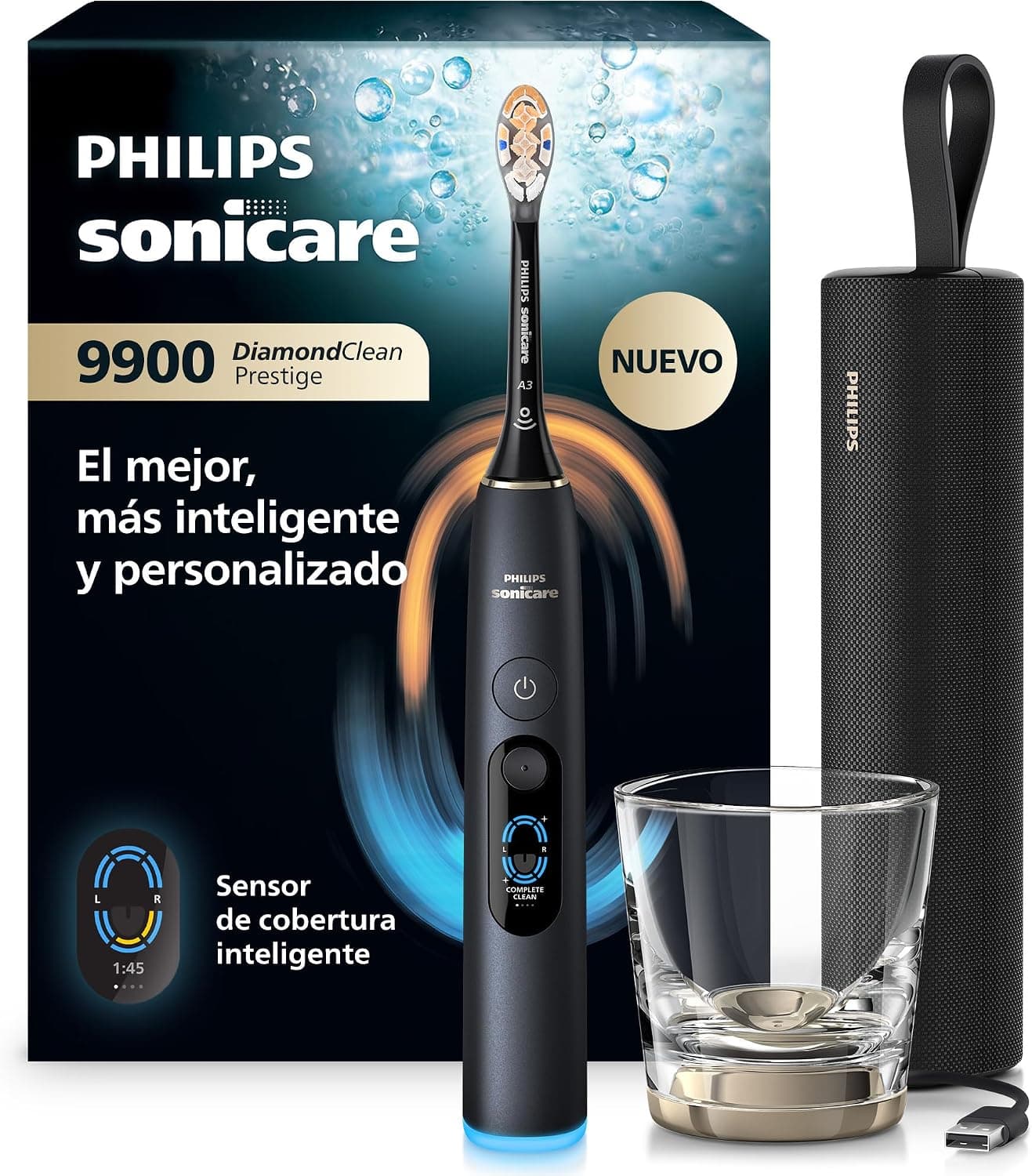 Philips Sonicare Next-Generation DiamondClean 9900 Prestige Cepillo de dientes eléctrico - con SenseIQ, Smart Coverage Feedback, Smart Pressure Feedback y 24 ajustes, negro cuarzo, HX9813/92