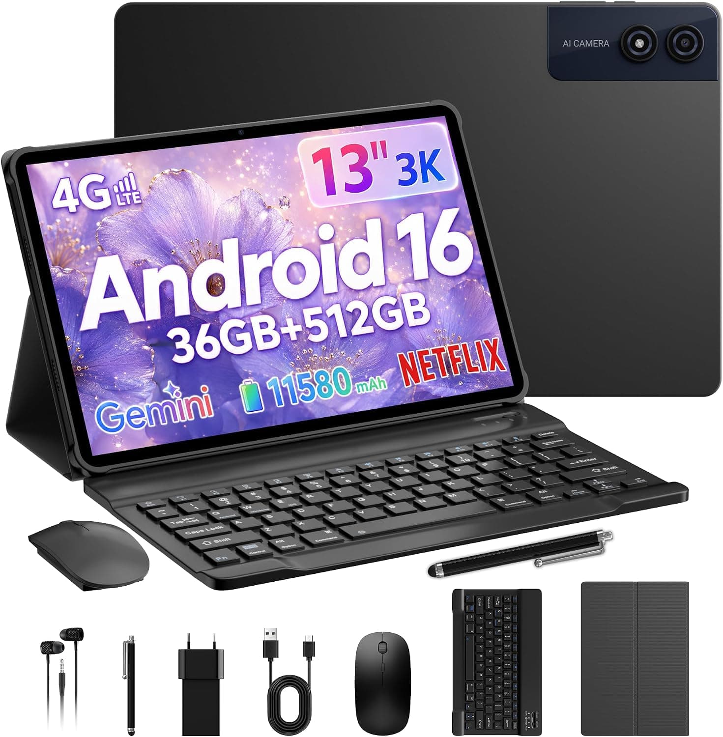 Tablet 13 Pulgadas Android 16, Octa-Core 2,2GHz, 36GB RAM + 512GB ROM (2TB TF), 5G LTE + WiFi, Pantalla 3K/2944x1840, Widevine L1, 11580mAh y Carga Rápida 18W, con Teclado y Ratón, Negro