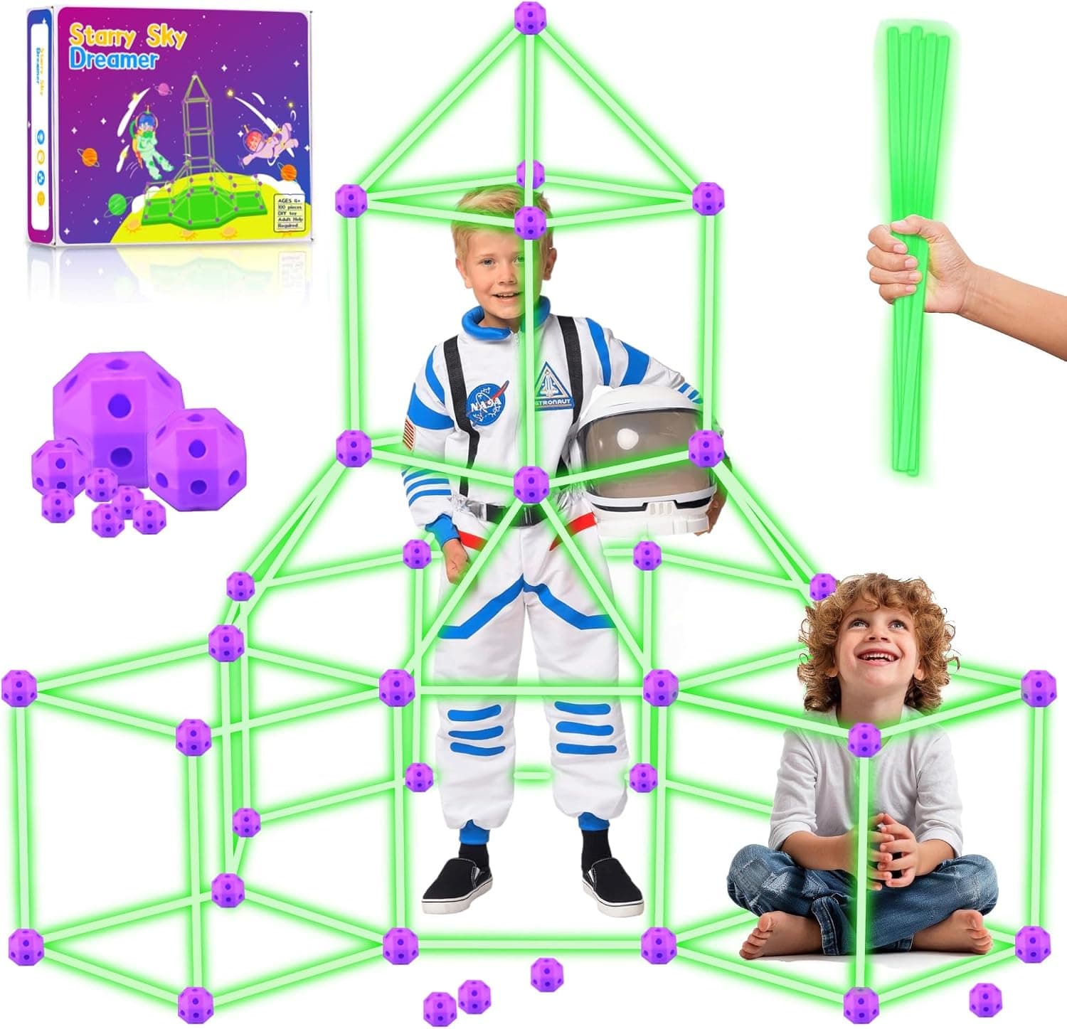 100 Pcs Kit construccion - Regalo Niños de 3 a 13 años, Brilla en la Oscuridad, Fuerte Castillos Tuneles Creativos, Tienda De Juegos y De Campaña Interiores y Exteriores, Fortaleza Bricolaje