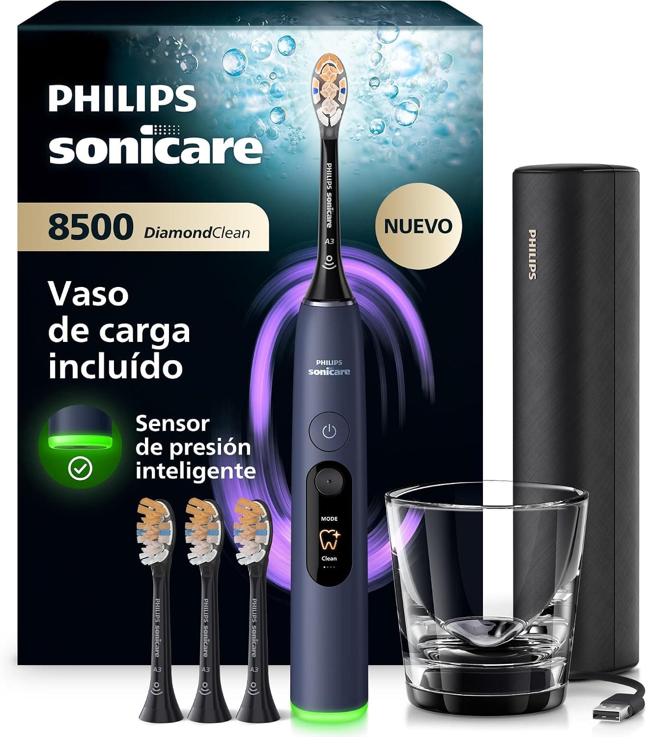 Philips Sonicare Next-Generation DiamondClean 8500 Cepillo de dientes eléctrico - con Smart Pressure Feedback y 18 ajustes, azul oscuro, HX8515/13