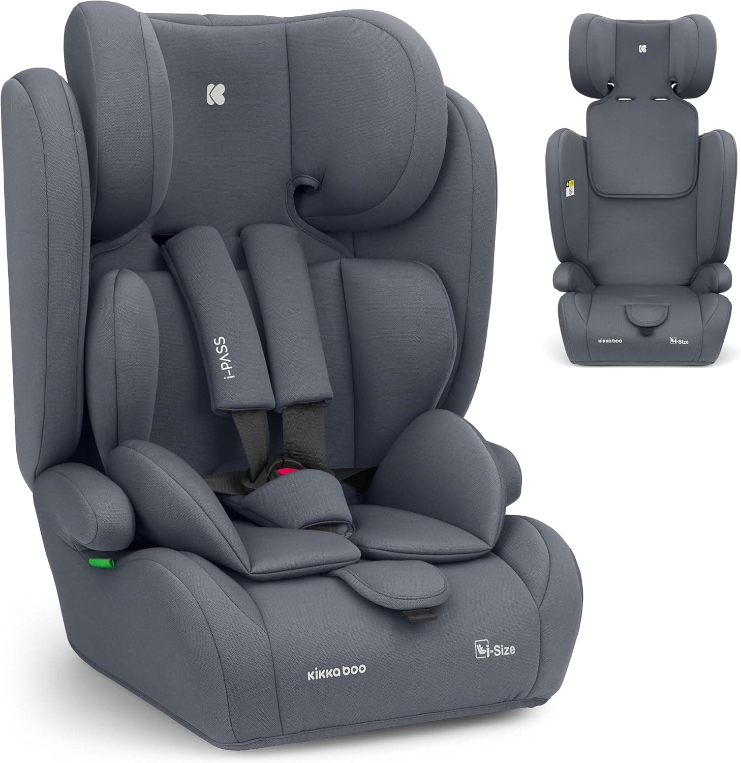KikkaBoo Silla de Coche Grupo 1 2 3 (9-36 kg, 76-150cm) i-PASS, Silla Coche Bebé y Niños, Reposacabezas 13 Posiciones, 15 Meses a 12 Años, Cadeira Auto, Gris