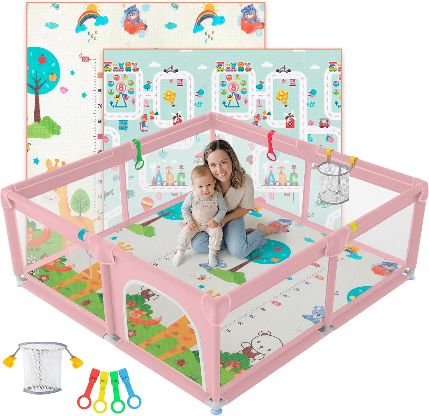 JUPPLIES Parque Infantil Bebe 120x120cm + Alfombra Bebe + Agarraderas + Canasta – Corralito Bebe con Malla Transpirable – Parque de Juegos Bebe Plegable con Puerta Lateral – Playpen Bebe (Rosa)