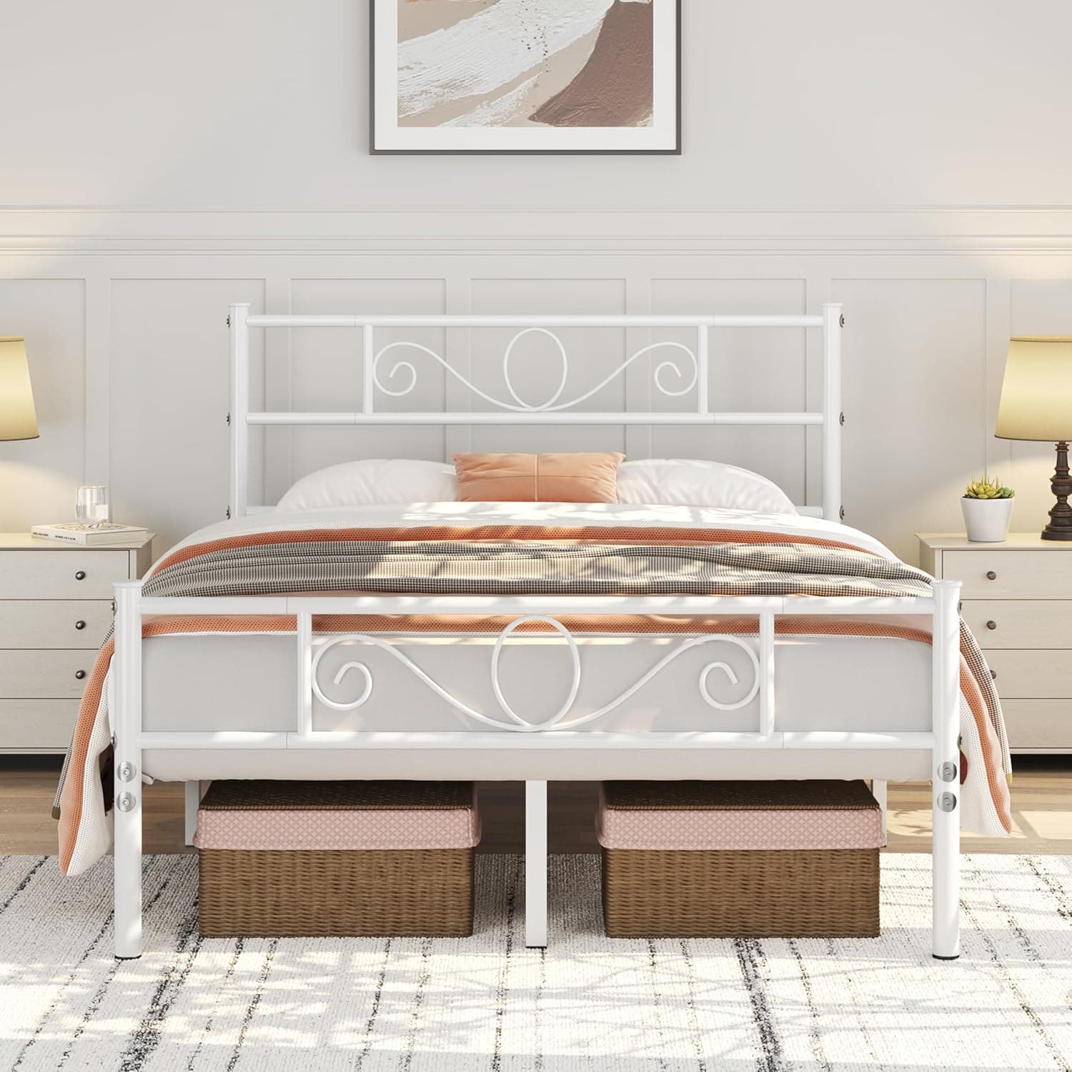 Yaheetech Cama Doble de Metal con Cabecera para Colchón 135x190cm Blanco