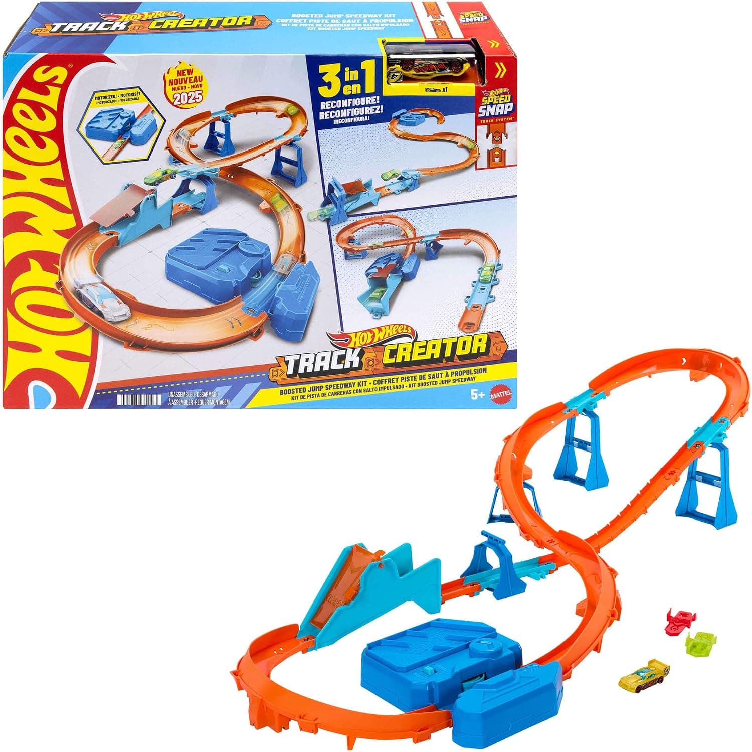 Hot Wheels Circuito Supersalto Conjunto de pista con coche de juguete, caja de construcción exclusiva con propulsor motorizado, vehículo a escala 1:64 y pista Speed Snap, JDB49