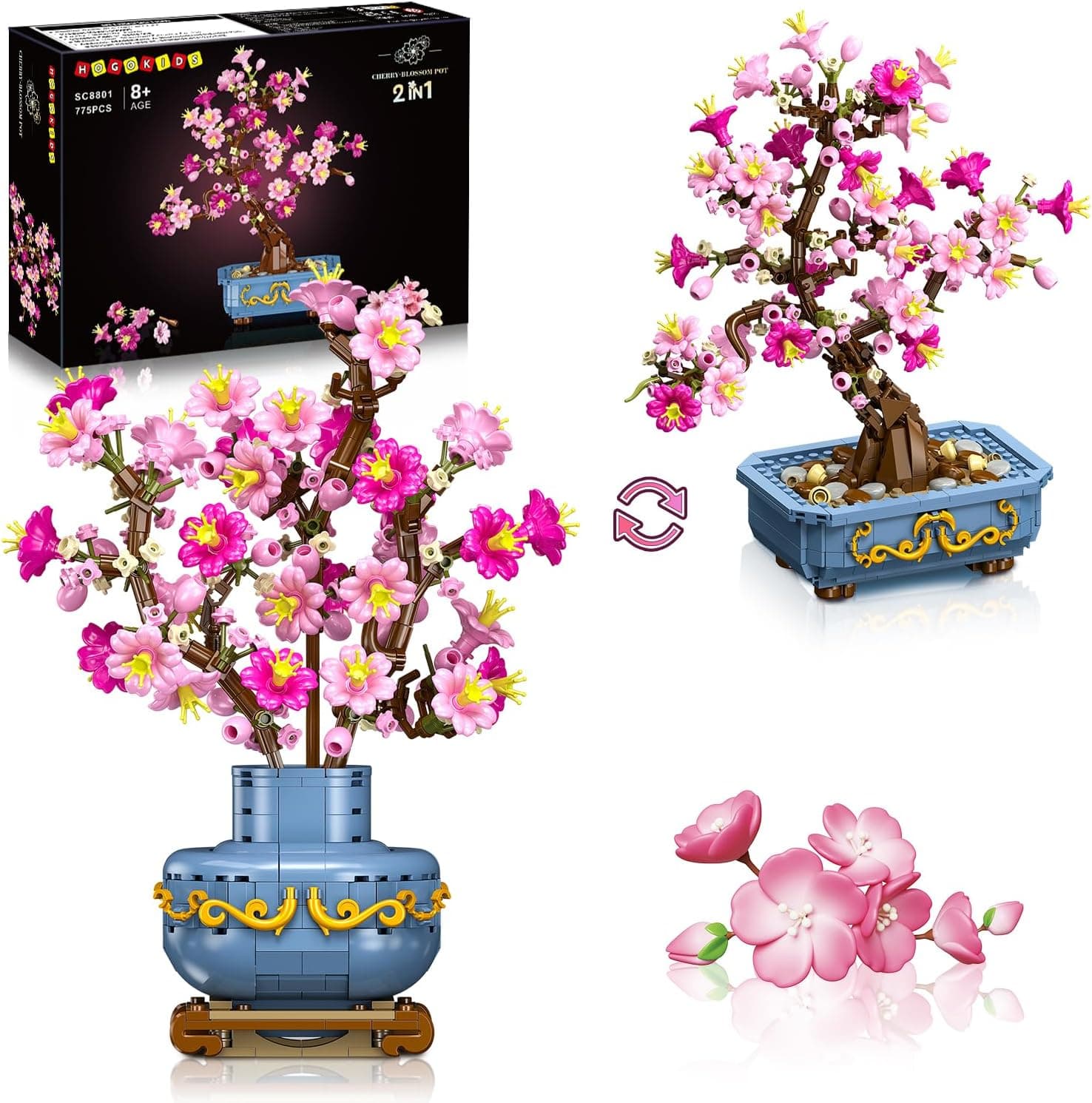 HOGOKIDS Juego de construcción de bonsáis de Cerezo - Plantas Artificiales 2 en 1 para decoración del hogar y exhibición Juguete de construcción con Flores botánicas Cerezo para Adultos (775 Piezas)
