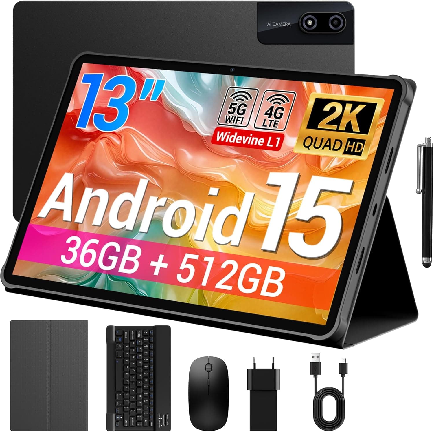 Tablet 13 Pulgadas Android 15 Tableta con Ranura sim,4G LTE y 5G WiFi,36GB RAM+512GB ROM/2960 * 1840 FHD/11580mAh y 20W/Face ID/GPS/BT 5.0/TÜV/USB-C,Tablet con Teclado