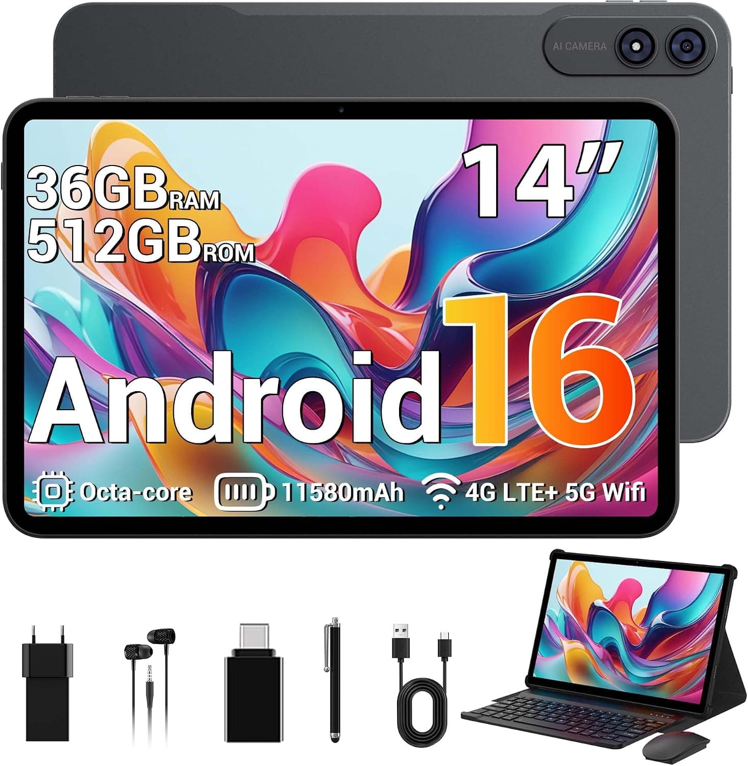 2026 Tablet 14 Pulgadas con Android 16, 36GB RAM+512GB ROM (Extensión 1TB), Octa-Core, 4G LTE/5G WiFi, Widevine L1, Gemini AI, 11580mAh,13MP+8MP, GPS/Tablet con Teclado(Gris)