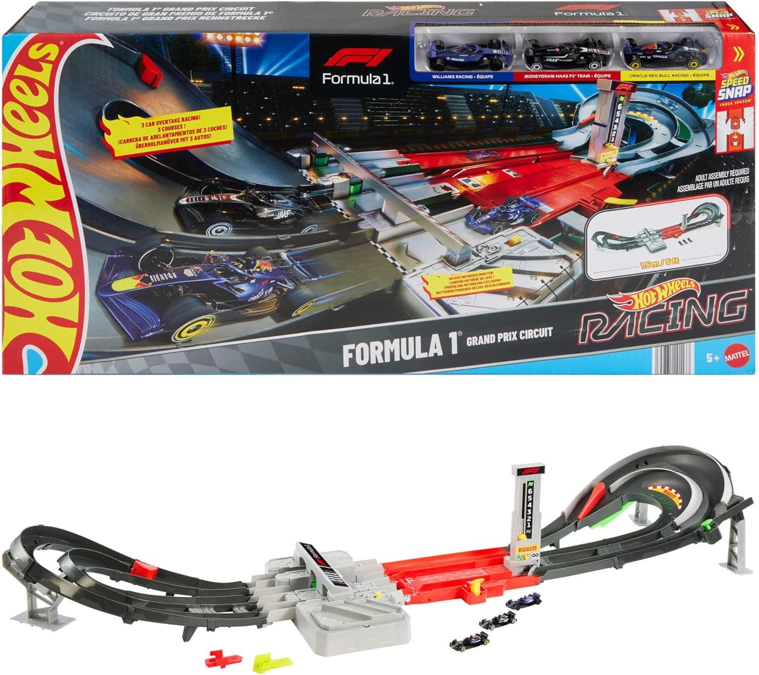 Hot Wheels Conjunto de pista de coches de juguete, Circuito de Gran Premio de Formula 1 con 3 coches de juguete metálicos a escala 1:64, dos modos de carrera con un propulsor motorizado, JLB13