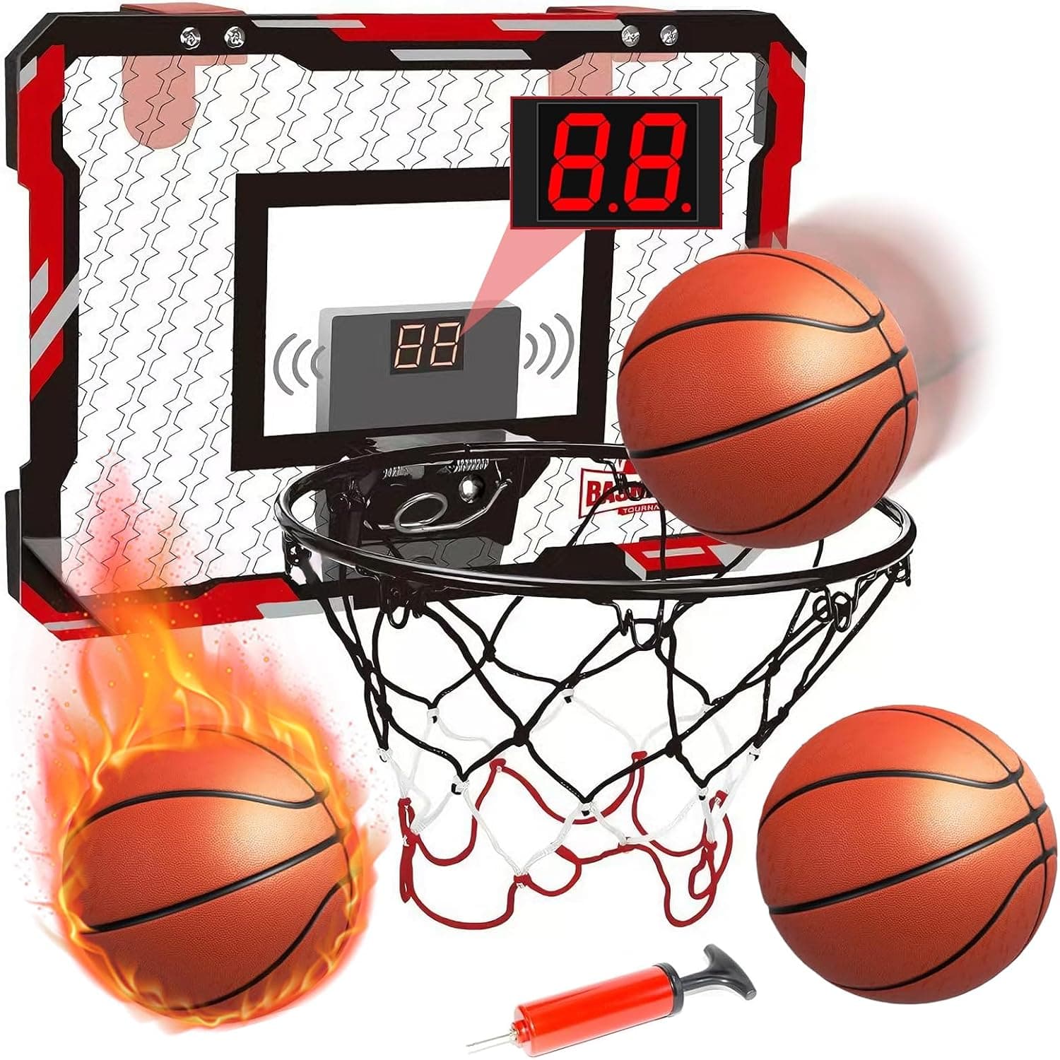 Canasta Baloncesto Infantil, TEKXDD Mini Canasta Baloncesto Interior Habitacion con 3 Pelotas y Redes y Marcador y Bomba, Juguete de Baloncestos para niños y niñas de 5,6,7,8,9,10,11 y 12 años, Rojo