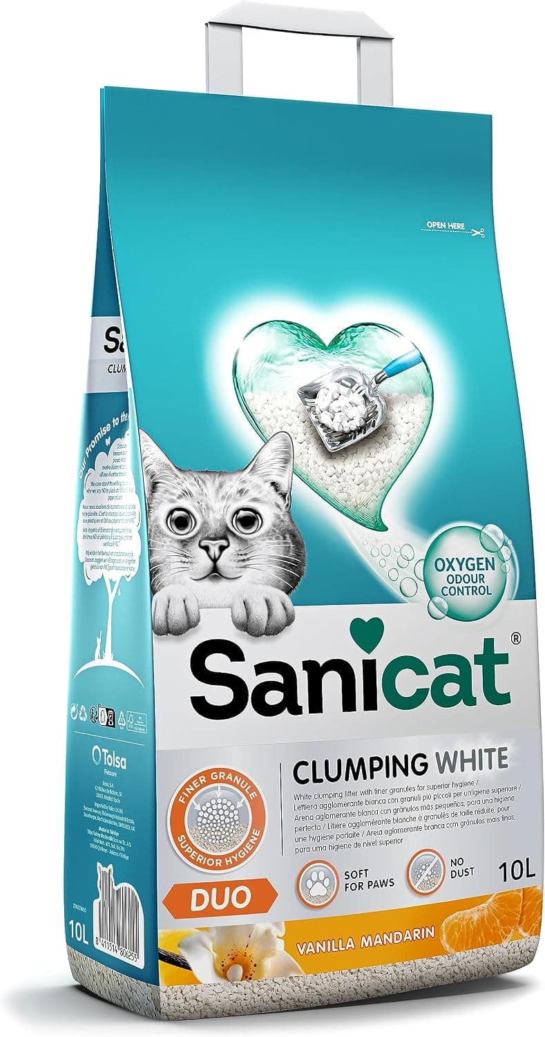 Sanicat - Arena para Gatos aglomerante Blanca - Aroma a Vainilla y Mandarina | | Hecha de minerales Naturales con Control de Olor garantizado | 10 L de Capacidad
