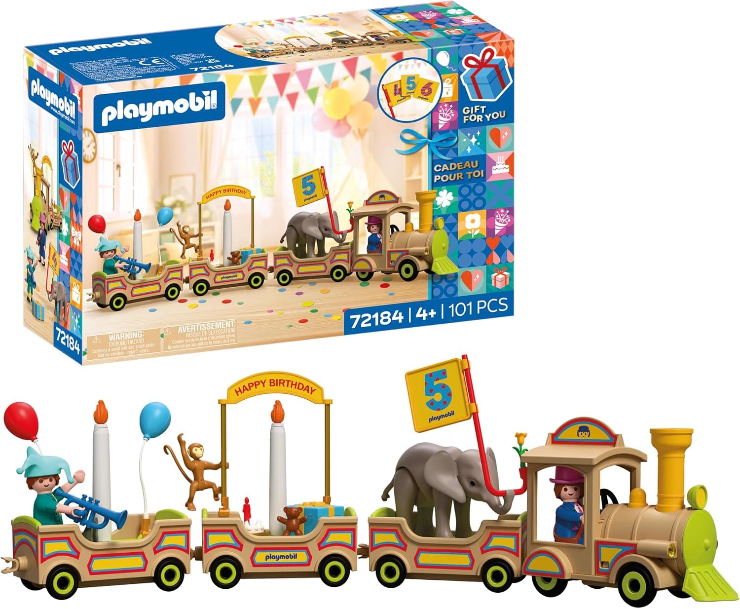 PLAYMOBIL | Tren de cumpleaños | Tren Festivo con Animales, Velas, Pegatinas numéricas y Accesorios | para niños a Partir de 4 años | 72184