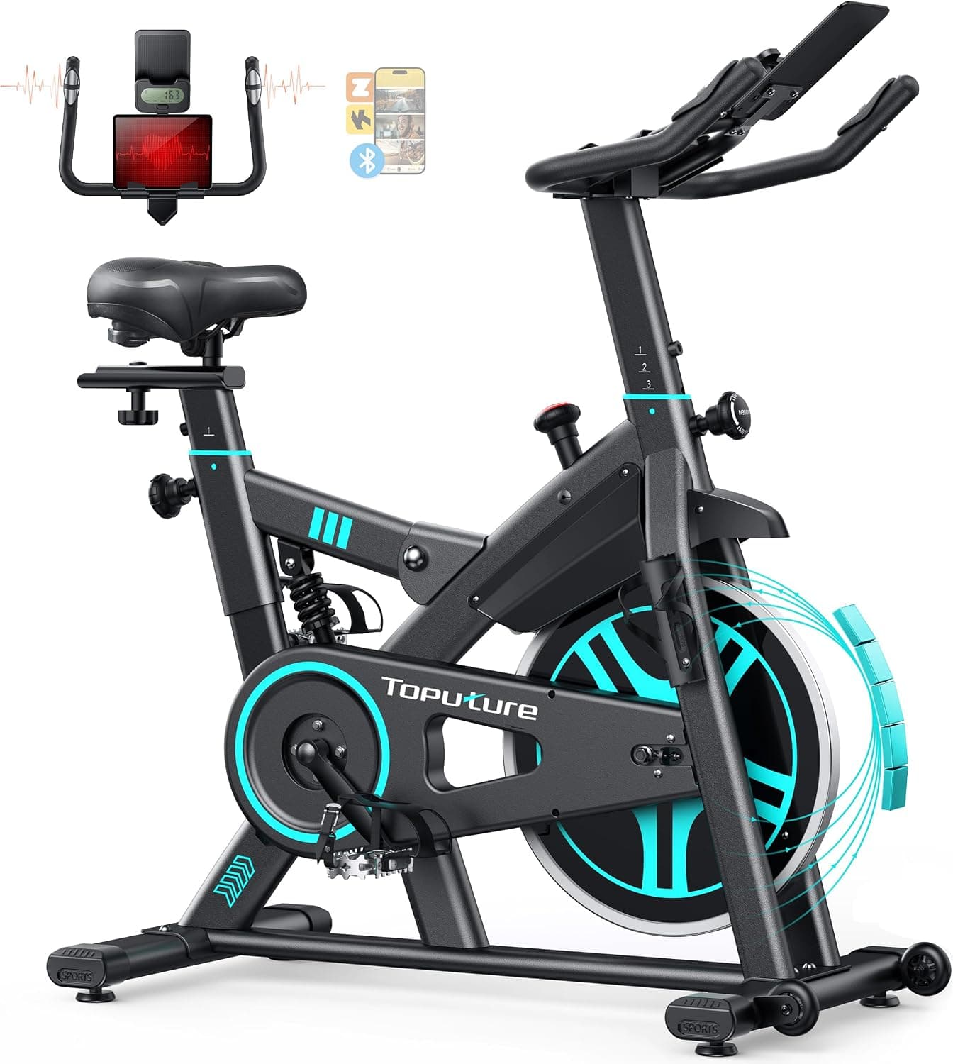 Toputure Bicicleta Estática para Uso DoméStico con APP y Volante 15KG, Muelle Amortiguado para Absorción de Impactos, Bicicleta de Spinning Magnética para Interior, Fitness y Cardio en Casa, MAX 160KG