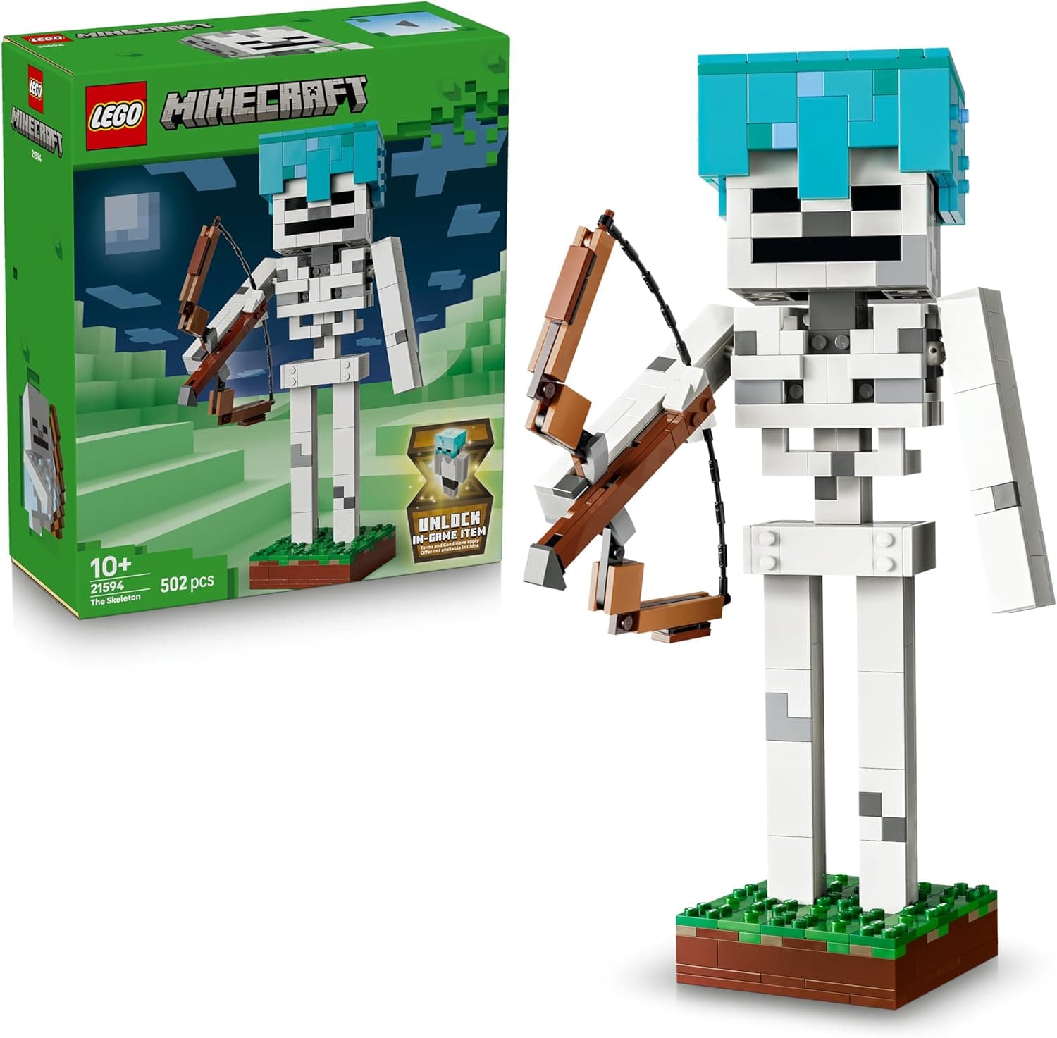 LEGO Minecraft El Esqueleto de Juguete – Figura Articulada con Casco de Diamante, Arco, Flecha y Base de Hierba – Decoración del Dormitorio – Regalo Gamer para Niños y Niñas de 10+ Años – 21594