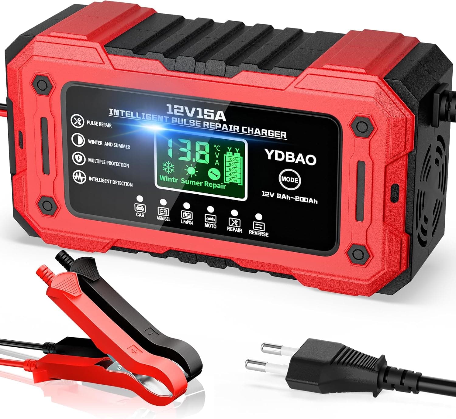 Cargador de Batería de Coche 12V 15A para Coche Moto AGM SLA Gel LiFePO4