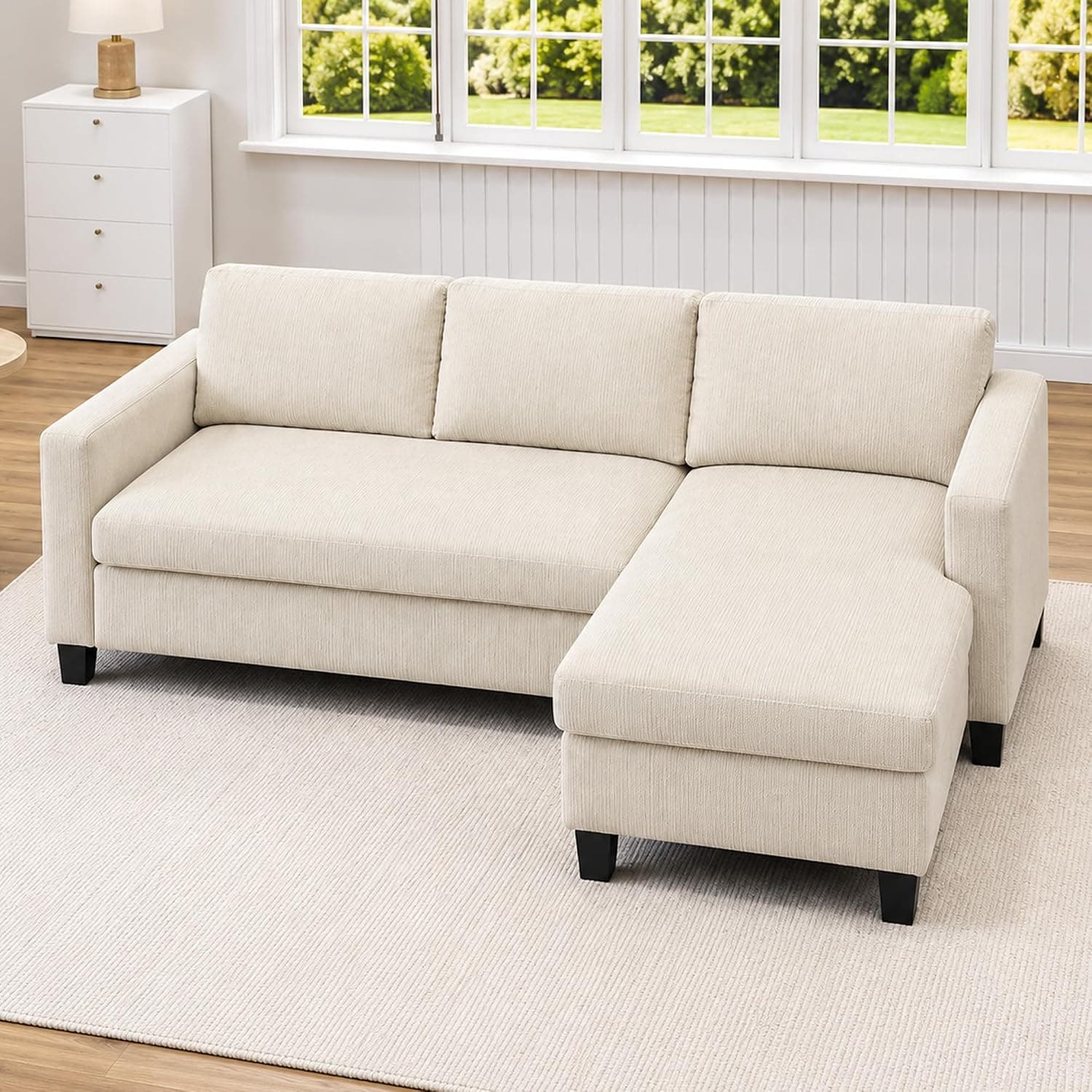 HOMCOM Sofá Chaise Longue Sofá de 3 Plazas de Pana para Salón 214 cm Beige