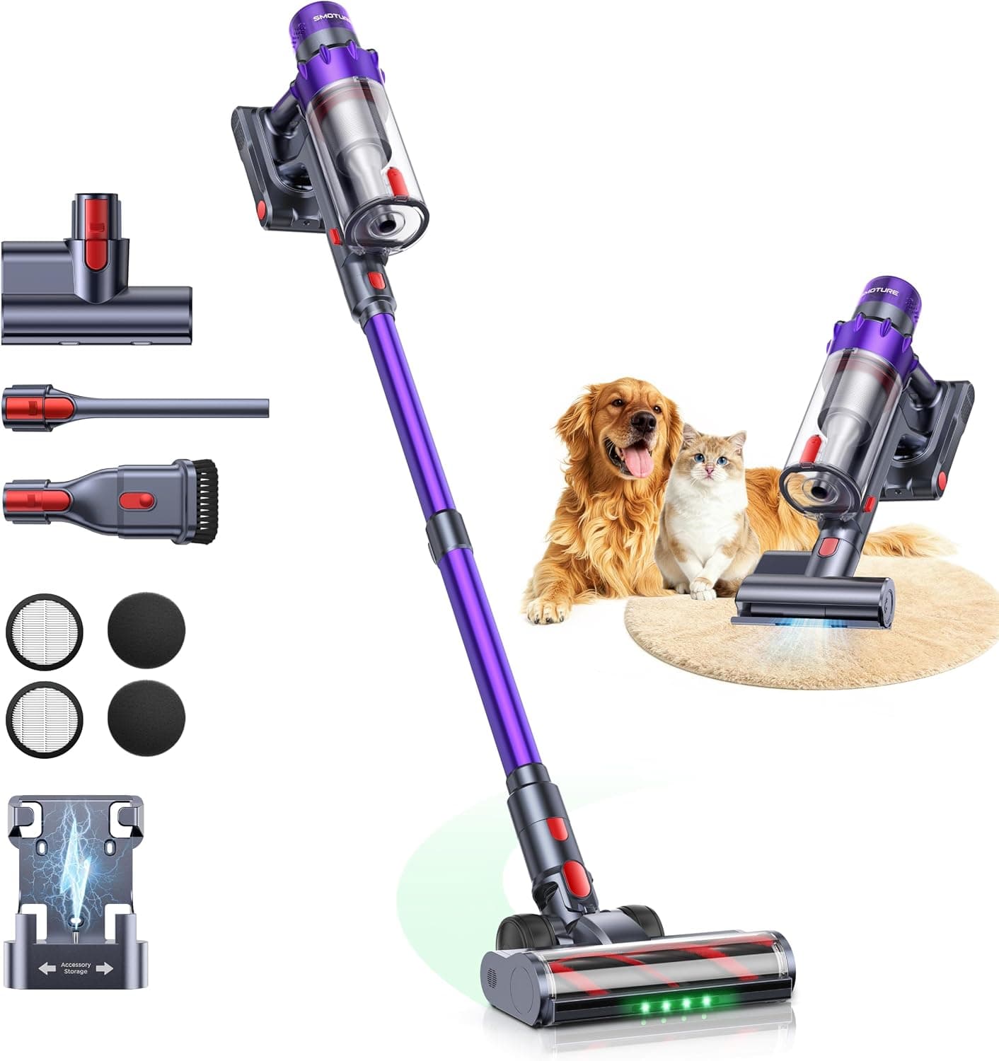 SMOTURE 55KPA/650W/70Min(Eco) VAC02 Aspiradora sin Cable, Aspiradora Vertical con Cepillo para Colchón, Modo Automático, Cepillo Anti-Enredo, Luz Verde, Fragancia, Carga Mural para Suelos y Alfombras