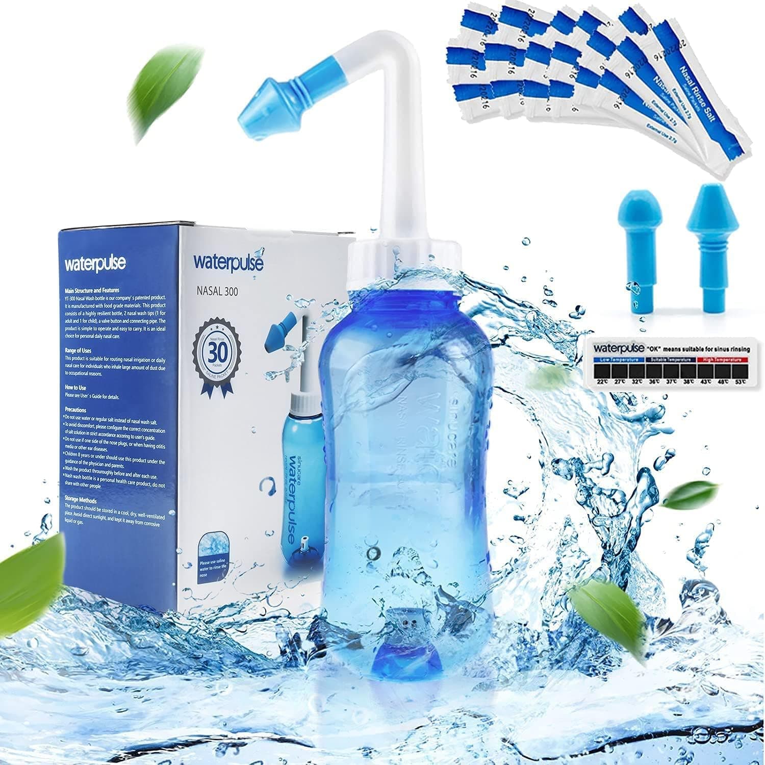 WATERPULSE Neti Pot Sinus Botella de enjuague 300 ml, limpiador de nariz, con 30 paquetes de sal y un termómetro, del limpiador nasal Riego a presión para adultos y niños, sin BPA,Azul