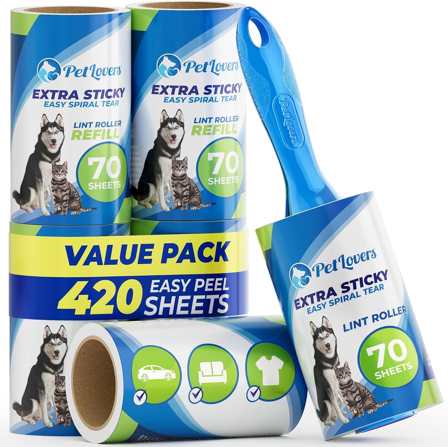 PetLovers Rodillos quitapelusas para Pelo de Mascotas con Adhesivo Extra 420 Hojas - Quitapelusas para Ropa