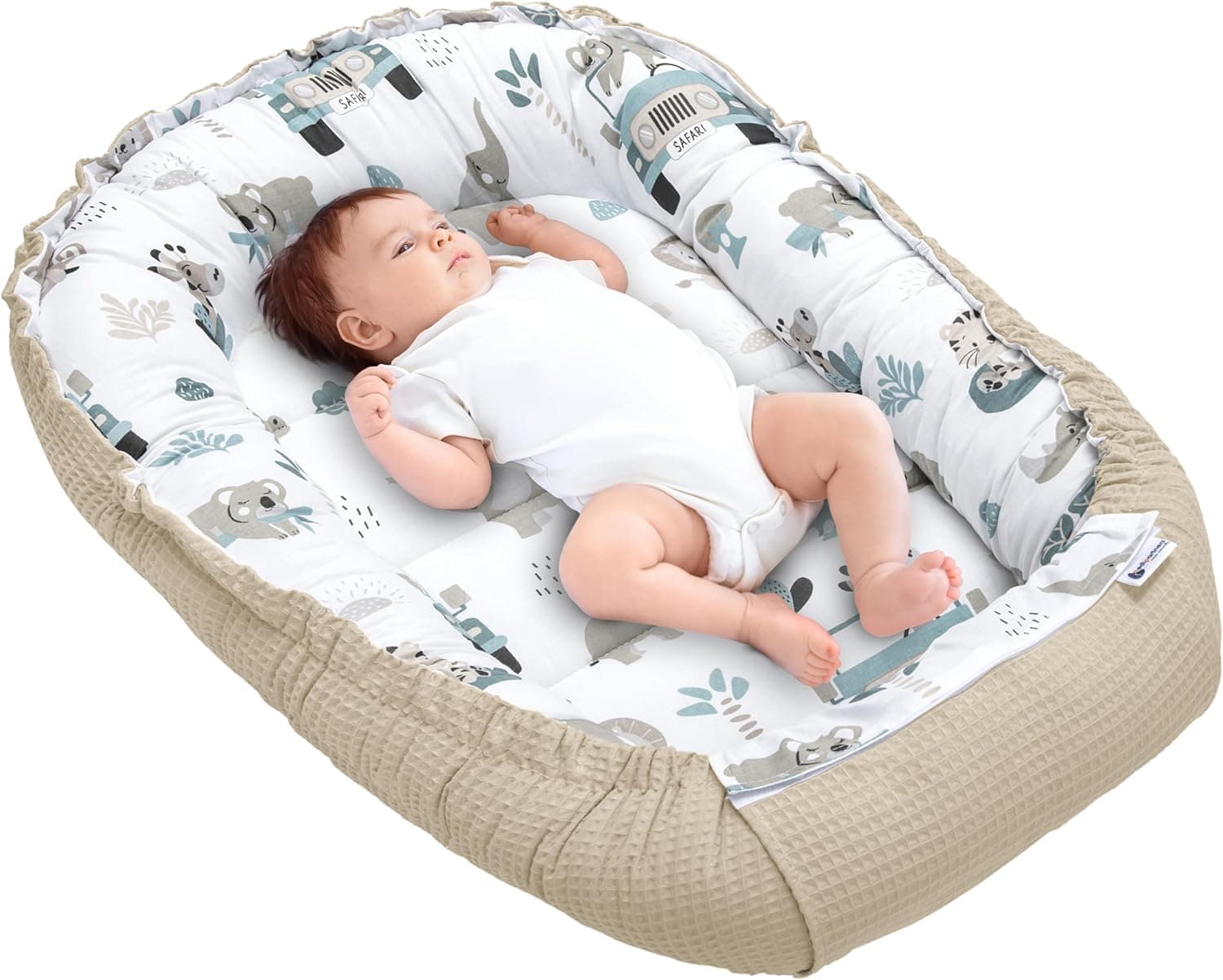 Medi Partners Nido Bebe Recien Nacido Reductor de Cuna - 100x60x15 Portátil o de Viaje de Colecho anticolicos Bilateral Bebés 100% Algodón Gofre (Mint Zoo con Gris Gofre)