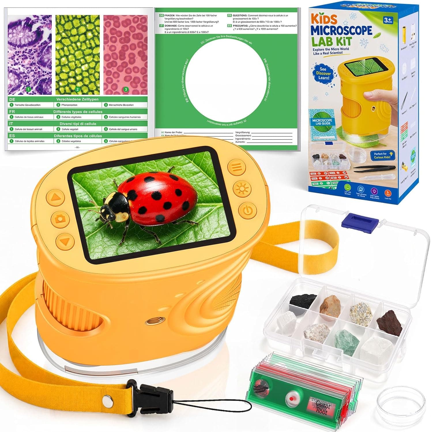 Microscopio para Niños con Aumento de 1000X, Regalo Juguetes Niños 3-12 años Fotos y Vídeos, Microscopio Portátil con 12 Portaobjetos y 8 Tipos de minerales, Kit de Exploración y Juguete Educativo