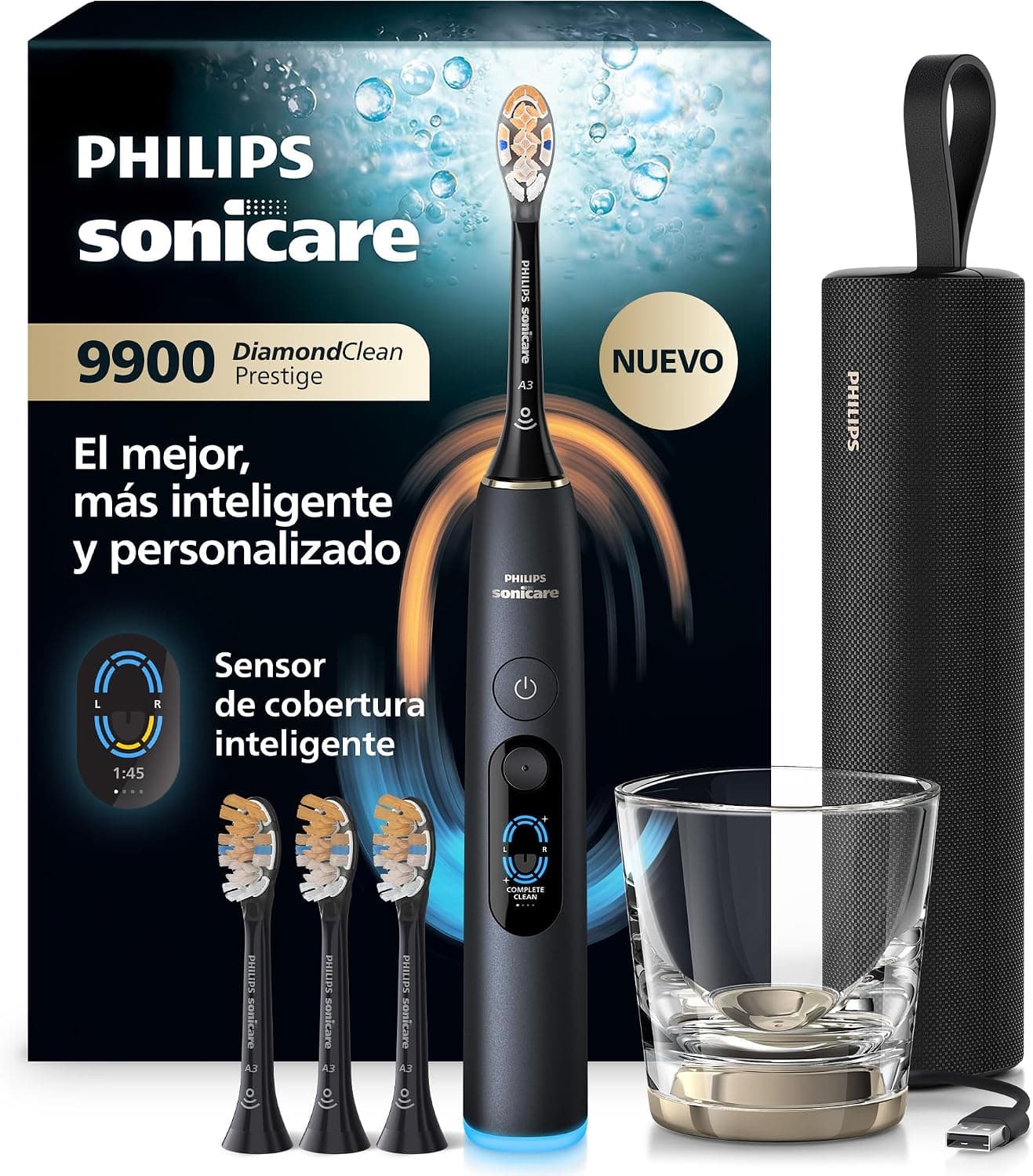 Philips Sonicare Next-Generation DiamondClean 9900 Prestige Cepillo de dientes eléctrico - con SenseIQ, Smart Coverage Feedback, Smart Pressure Feedback y 24 ajustes, negro cuarzo, HX9815/92
