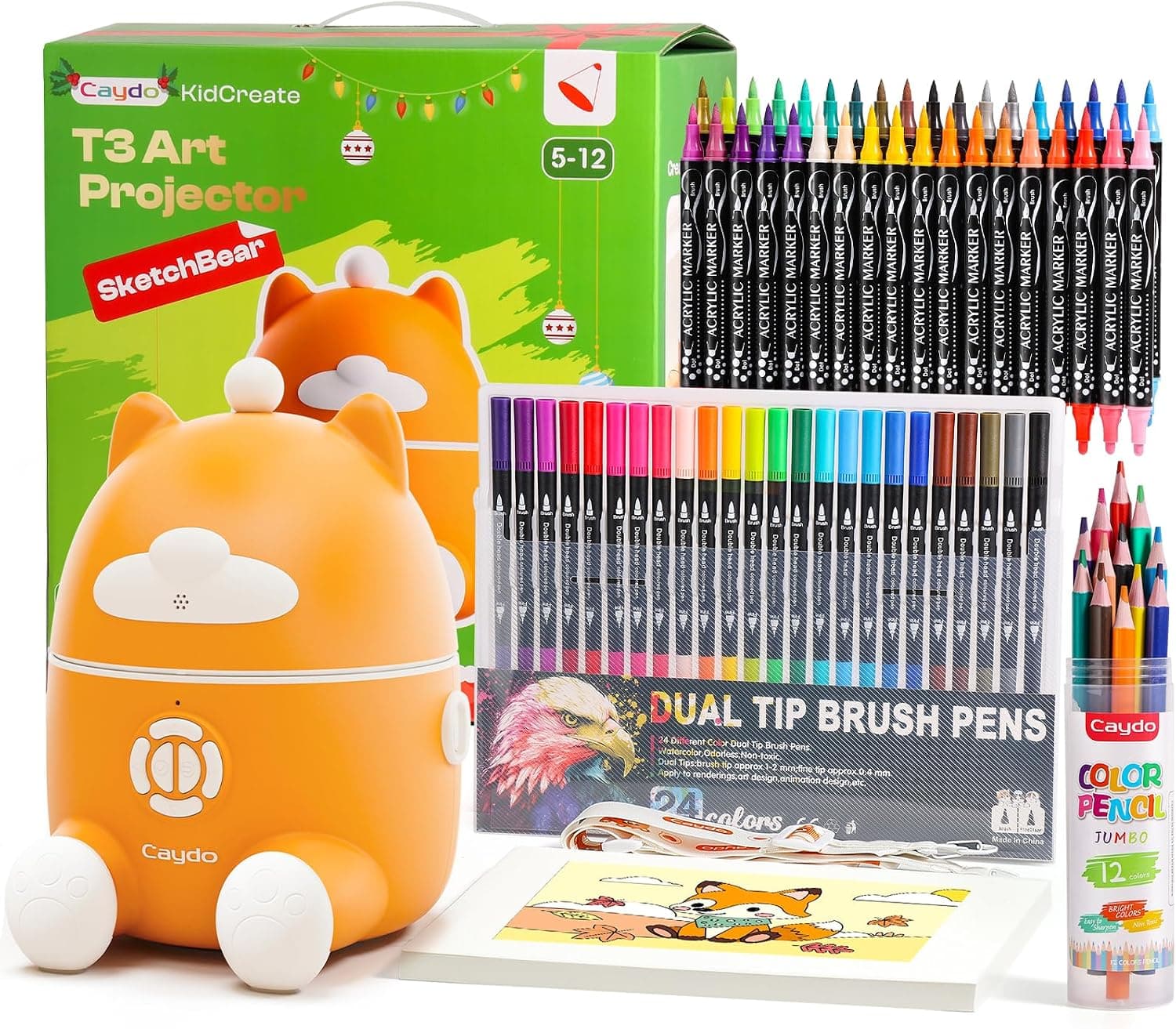 Caydo T3 Proyector Dibujo Inteligente, con 12 Lápices Colores, 36 Marcadores Acrílicos, 24 Marcadores Acuarela, 50 Hojas Papel Dibujo, Regalo para Niños 5-10 años para Cumpleaños y Navidad