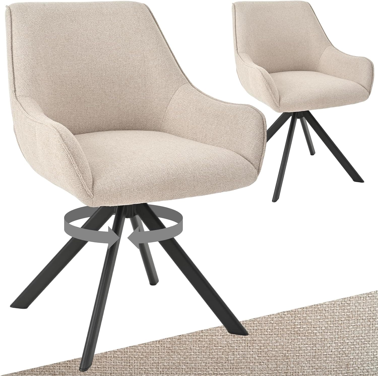 Juego de 2 sillas de comedor giratorias con reposabrazos, silla giratoria de 360 grados, silla giratoria de lino, moderna silla giratoria con marco de metal y respaldo, para comedor, sala de
