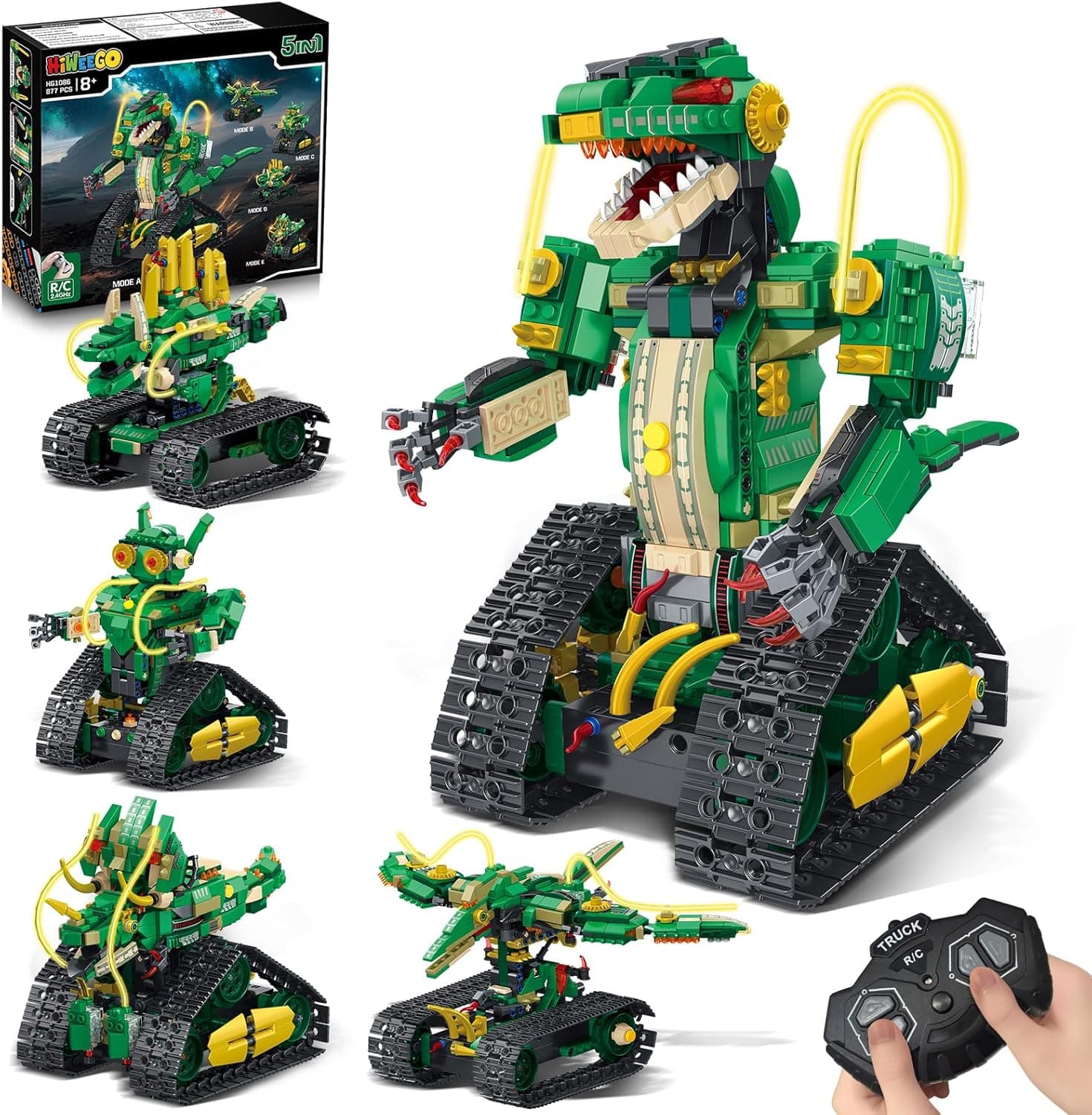 Juguete de construcción de Dinosaurio RC con luz, Kit de Bloques de construcción de Control Remoto 5 en 1, 877 Piezas Tech Recargable Dinosaurio Robot Juguetes cumpleaños para niños de 8 9 10 11 12+