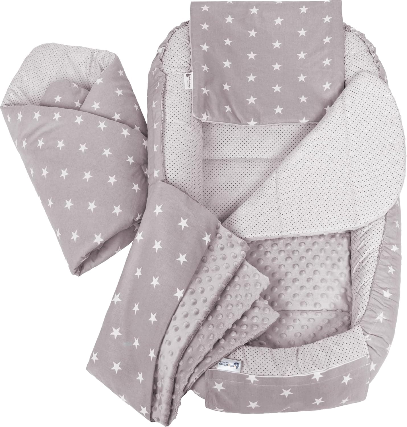 Medi Partners Nido Bebe Recien Nacido Reductor de Cuna - 100x60x15 Juego de 5 Piezas bebés anticolicos Bilateral Portátil o de Viaje 100% Algodón (Estrellas con Minky Gris)